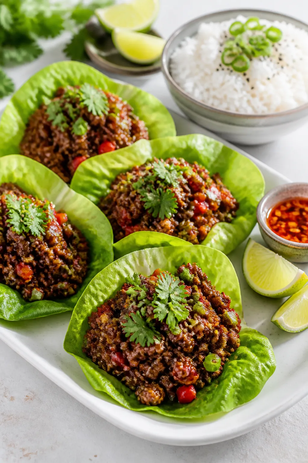 Final plated beauty shot: Ground Pork Lettuce Wraps assembled in tender butter lettuce cups on a mat