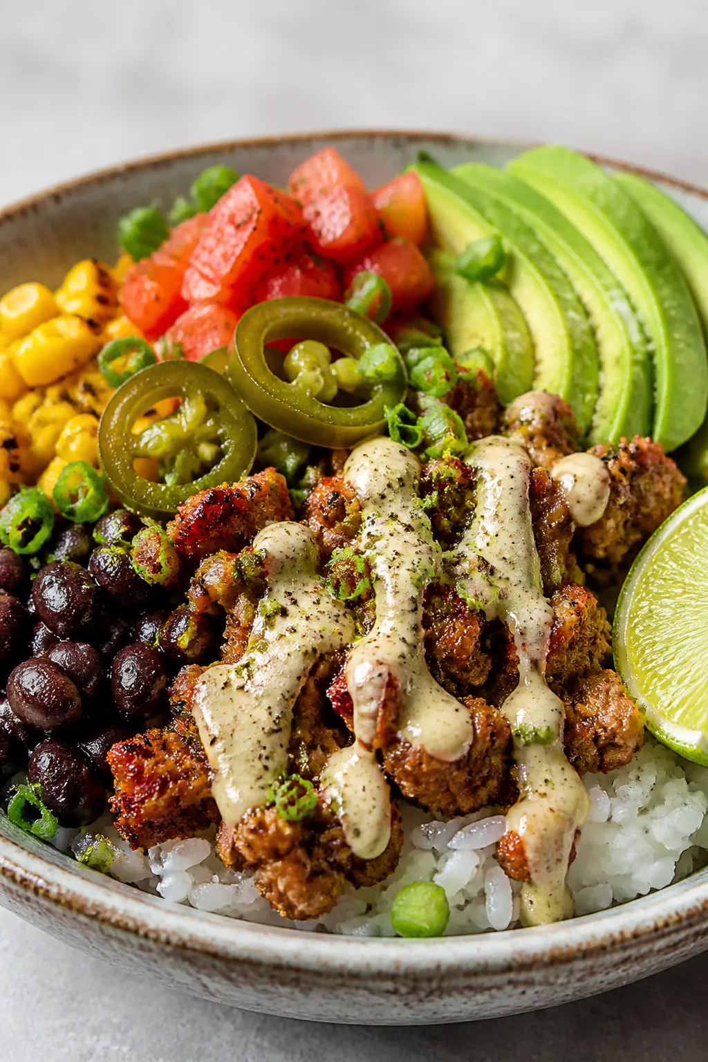 Final plated beauty shot: Restaurant-quality presentation of a single pork taco bowl on a rustic sto