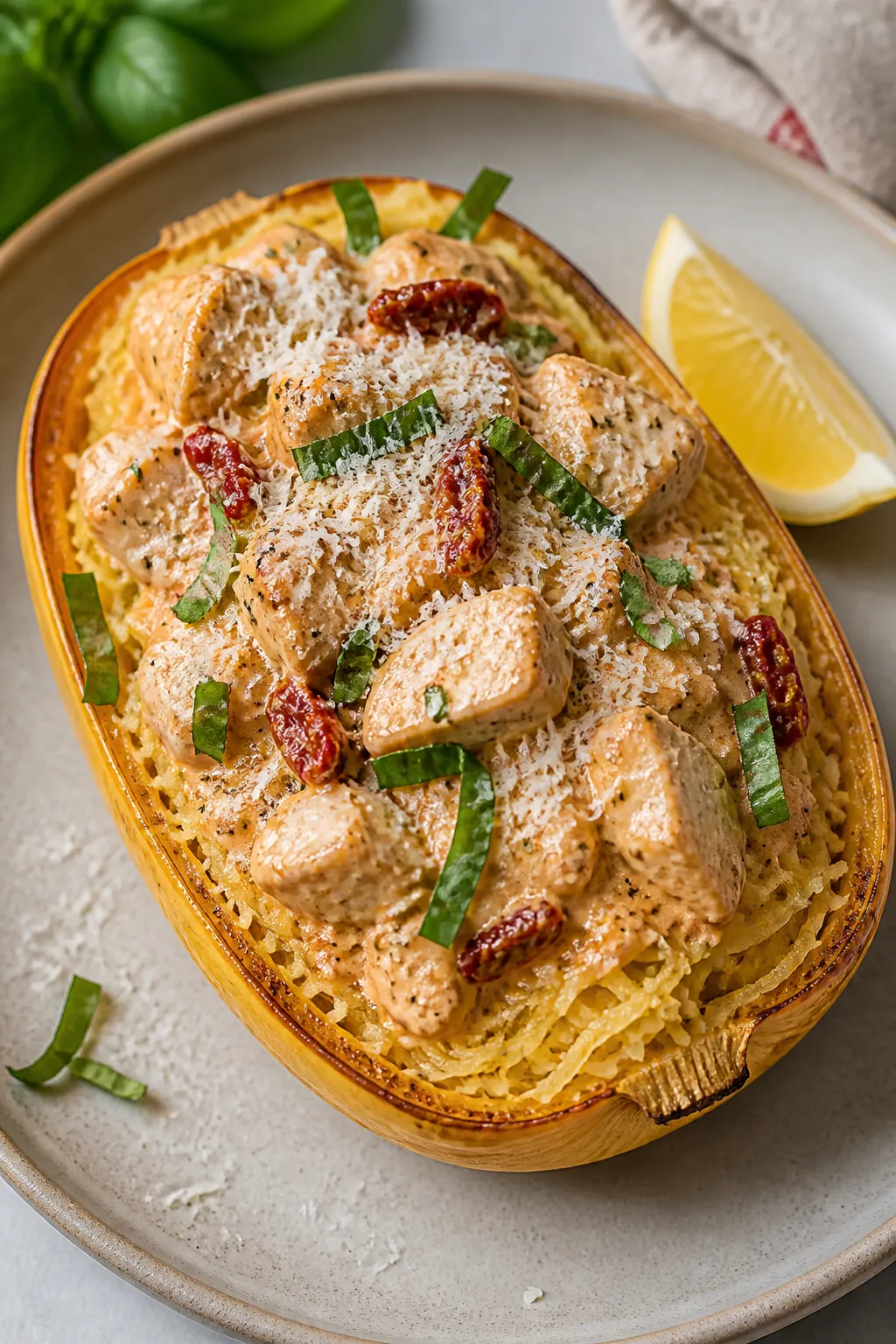 Final plated “boat” presentation: Roasted spaghetti squash served in its golden shell, strands f