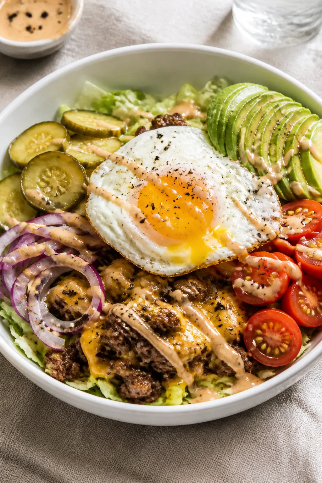 Final plated bowl, restaurant-quality: Smash Burger Protein Bowl assembled in a wide, matte white bo