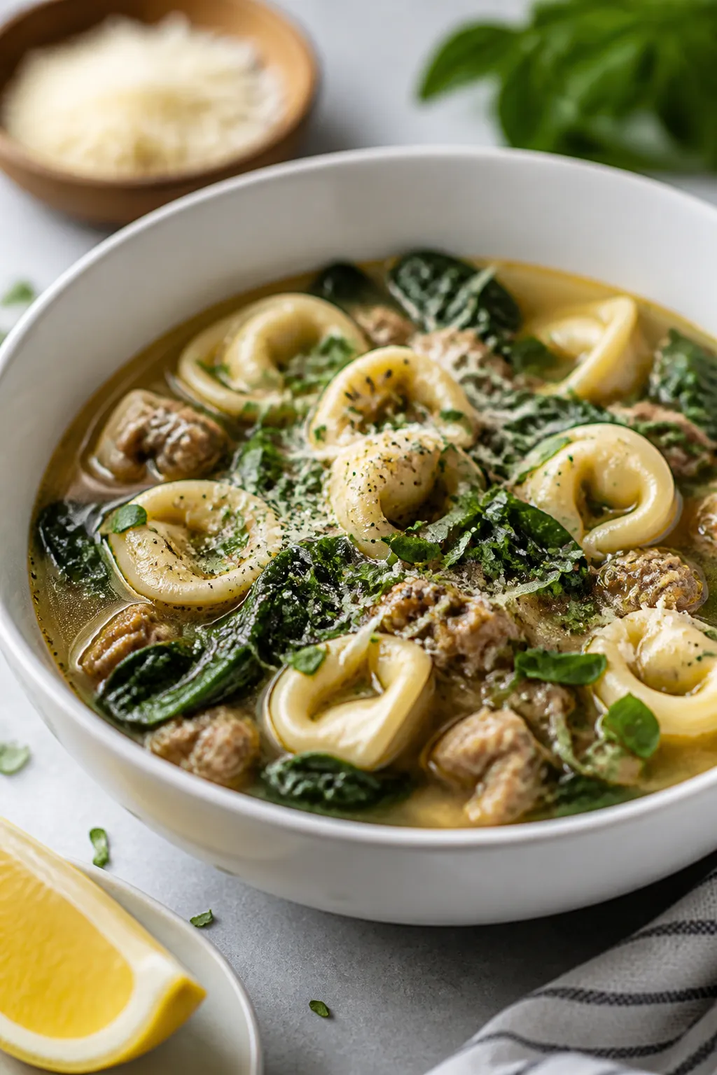 Final plated bowl, three-quarter angle: Hearty turkey sausage tortellini soup ladled into a wide, ma