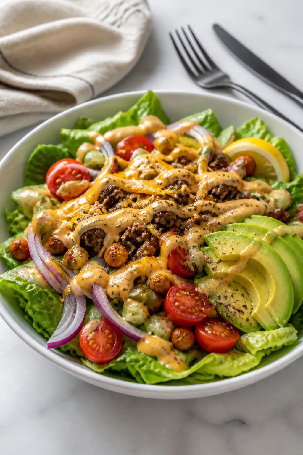 Final plated bowl, three-quarter angle: High Protein Burger Salad Bowl assembled in a wide, shallow
