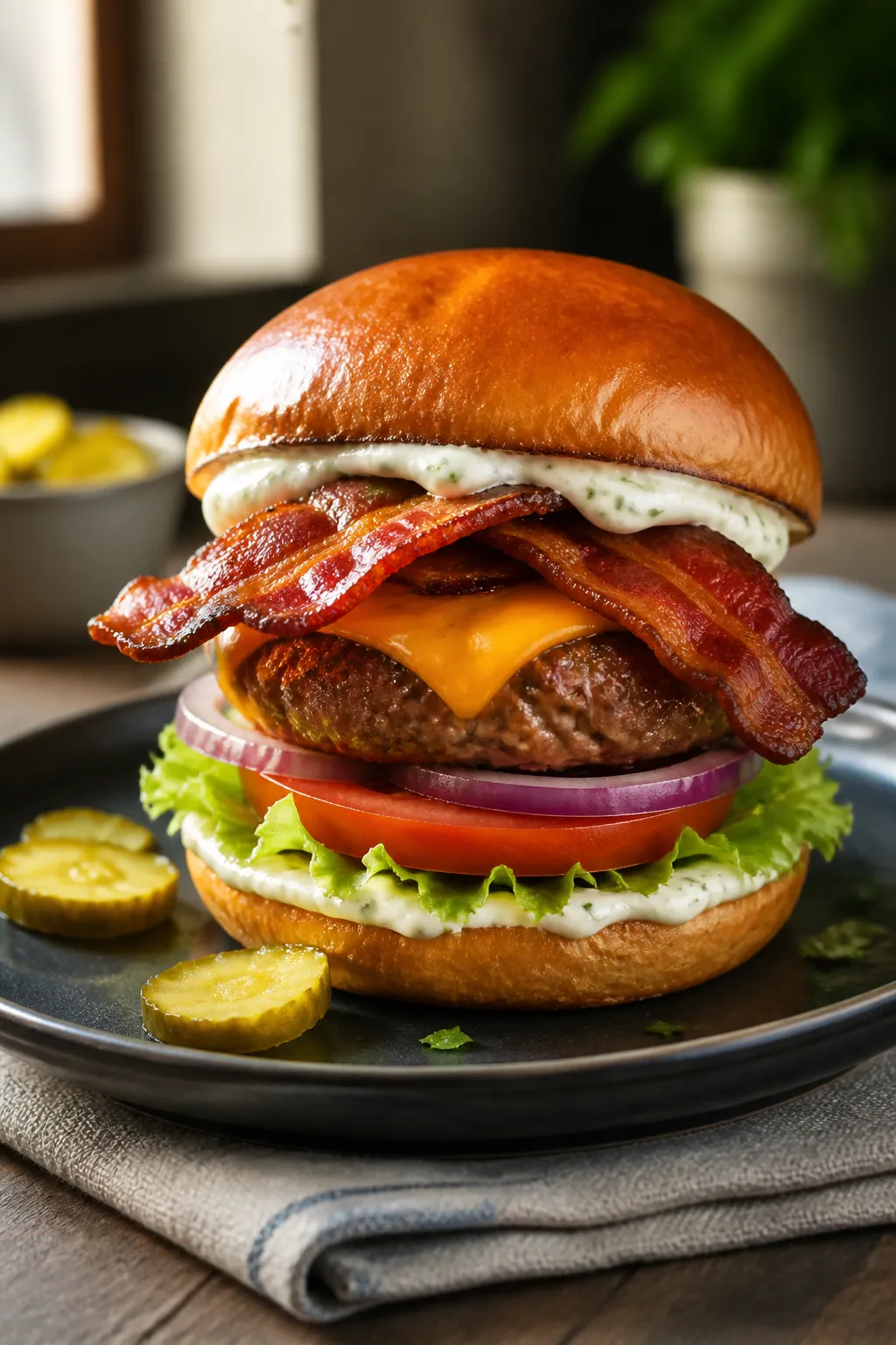 Final plated burger beauty shot: High Protein Ranch Bacon Burger stacked on a lightly toasted brioch