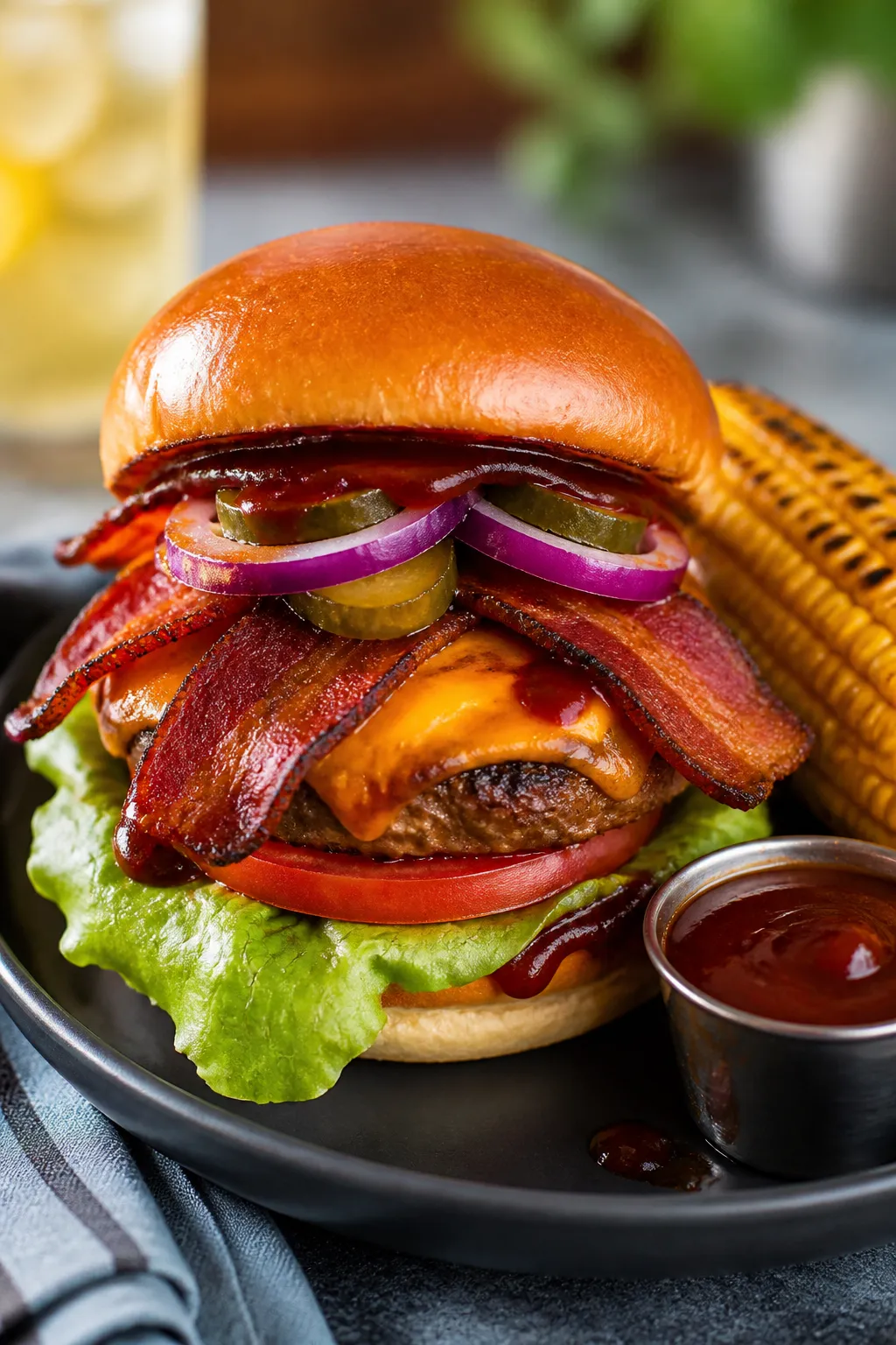 Final plated burger beauty shot: Protein Packed BBQ Bacon Burger stacked high on a matte charcoal pl