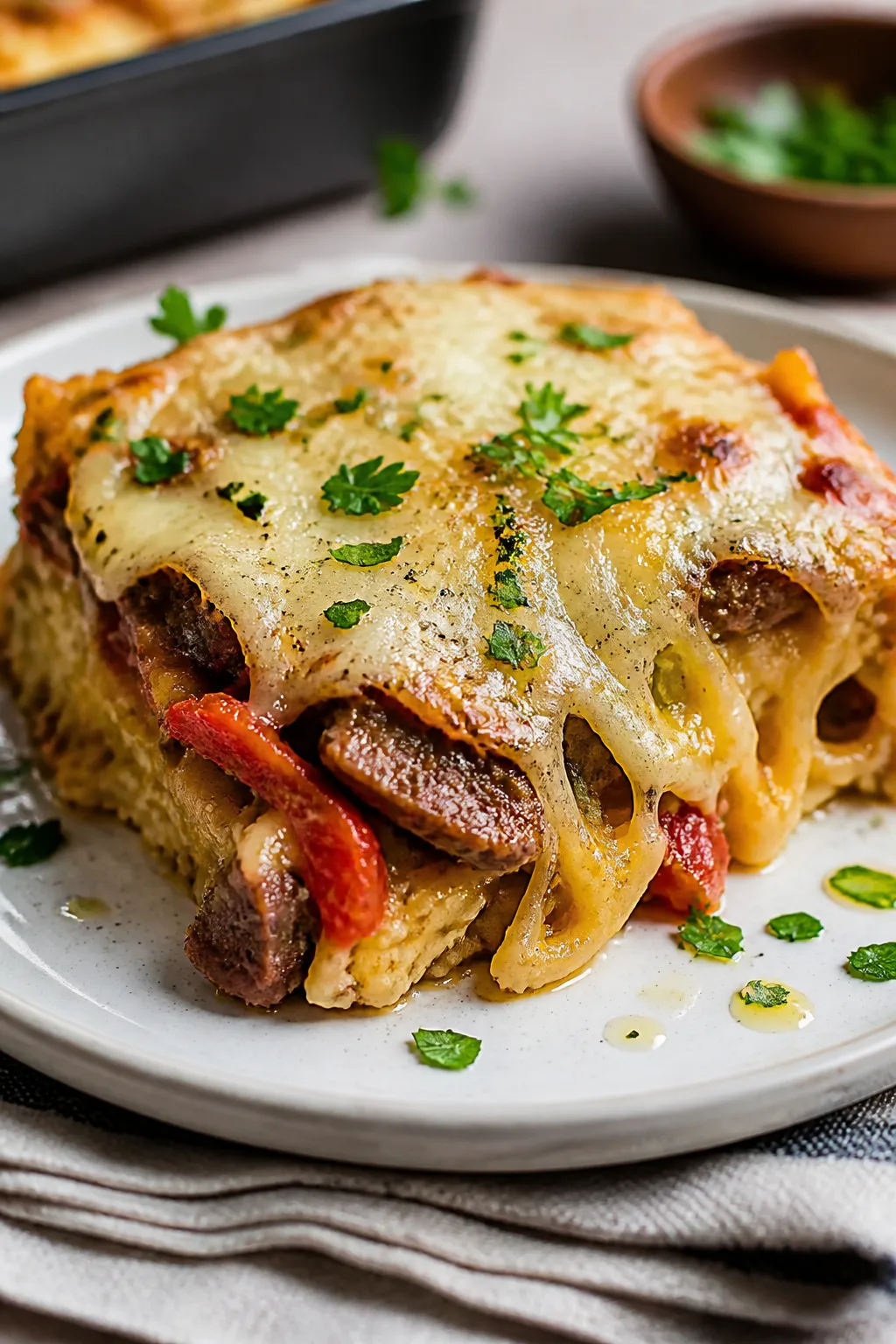 Final plated, cozy comfort serving: Close-up of a generous square of Philly Cheesesteak Spaghetti Sq