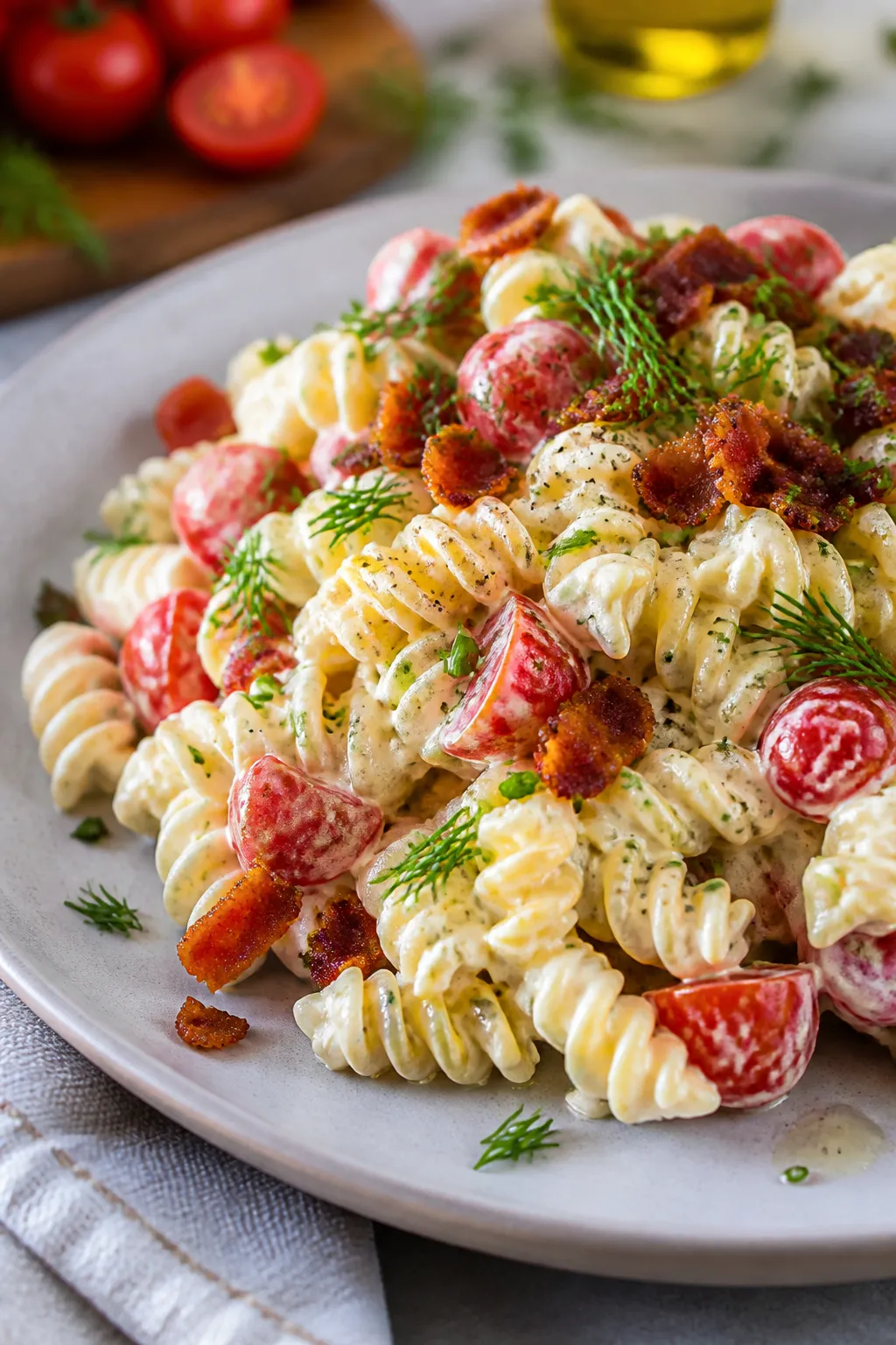 Final plated detail: Restaurant-quality single serving of Cottage Cheese BLT Pasta Salad on a matte
