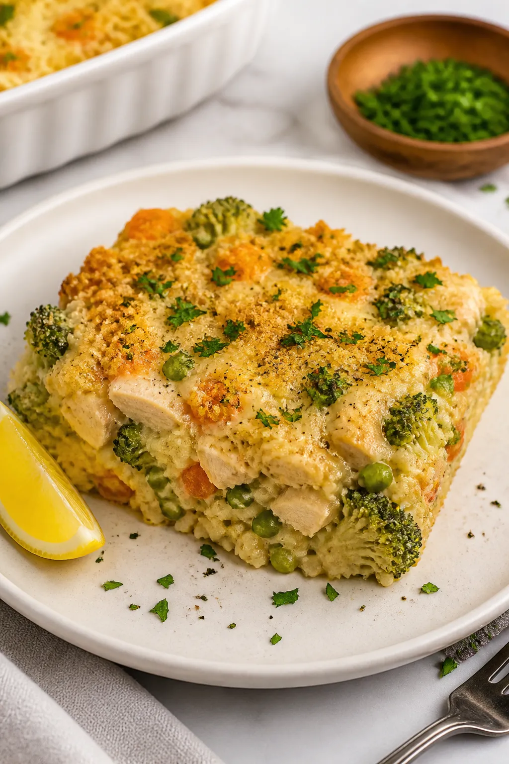 Final plated dish: A generous square of creamy chicken and brown rice casserole plated on a matte wh
