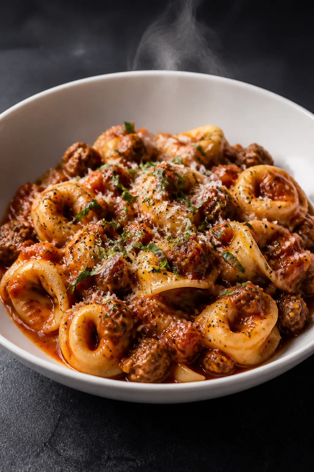 Final plated dish, : Beautifully plated bowl of beef tortellini in rich tomato sauce, tortellini sta