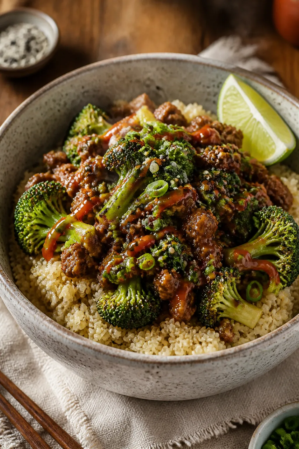 Final plated dish, : Beautifully plated bowl of high-protein ground beef and broccoli over garlicky