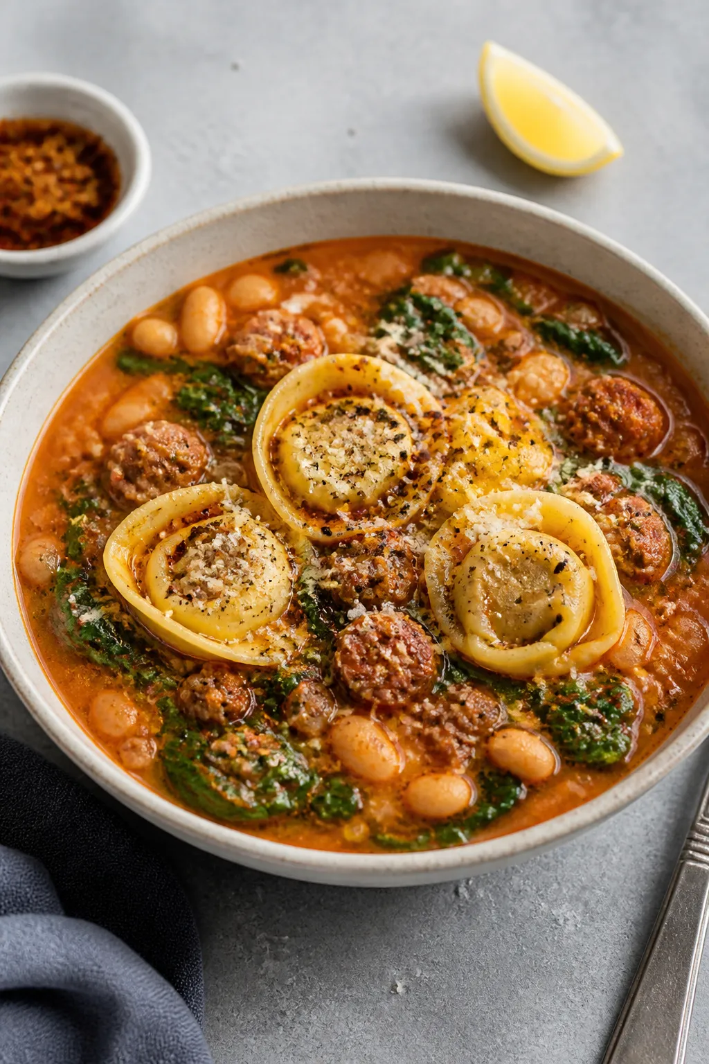 Final plated dish: Beautifully plated bowl of spinach tortellini soup, three tortellini showcased on
