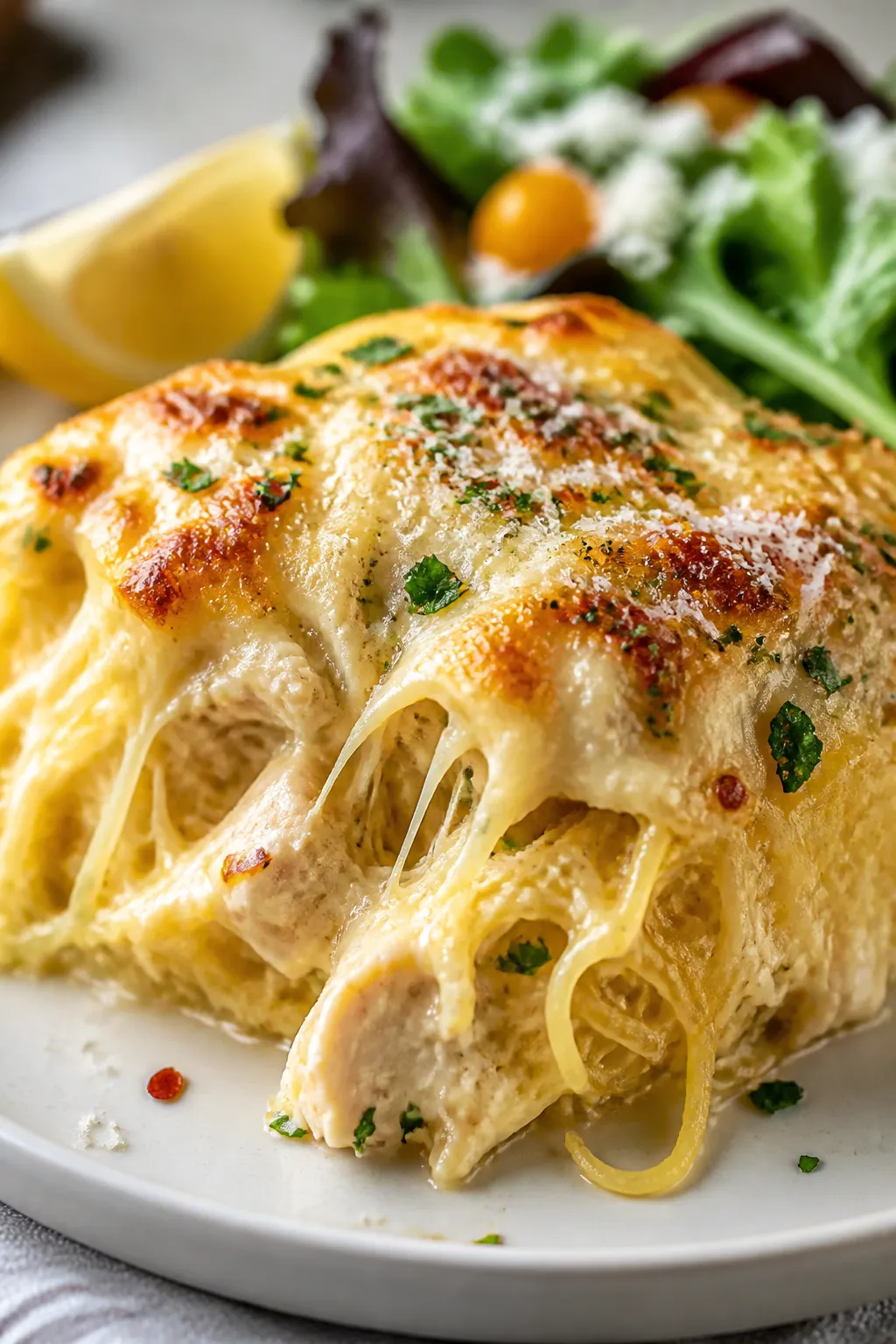 Final plated dish: Beautifully plated portion of Garlic Parmesan Chicken Spaghetti Squash Bake on a 