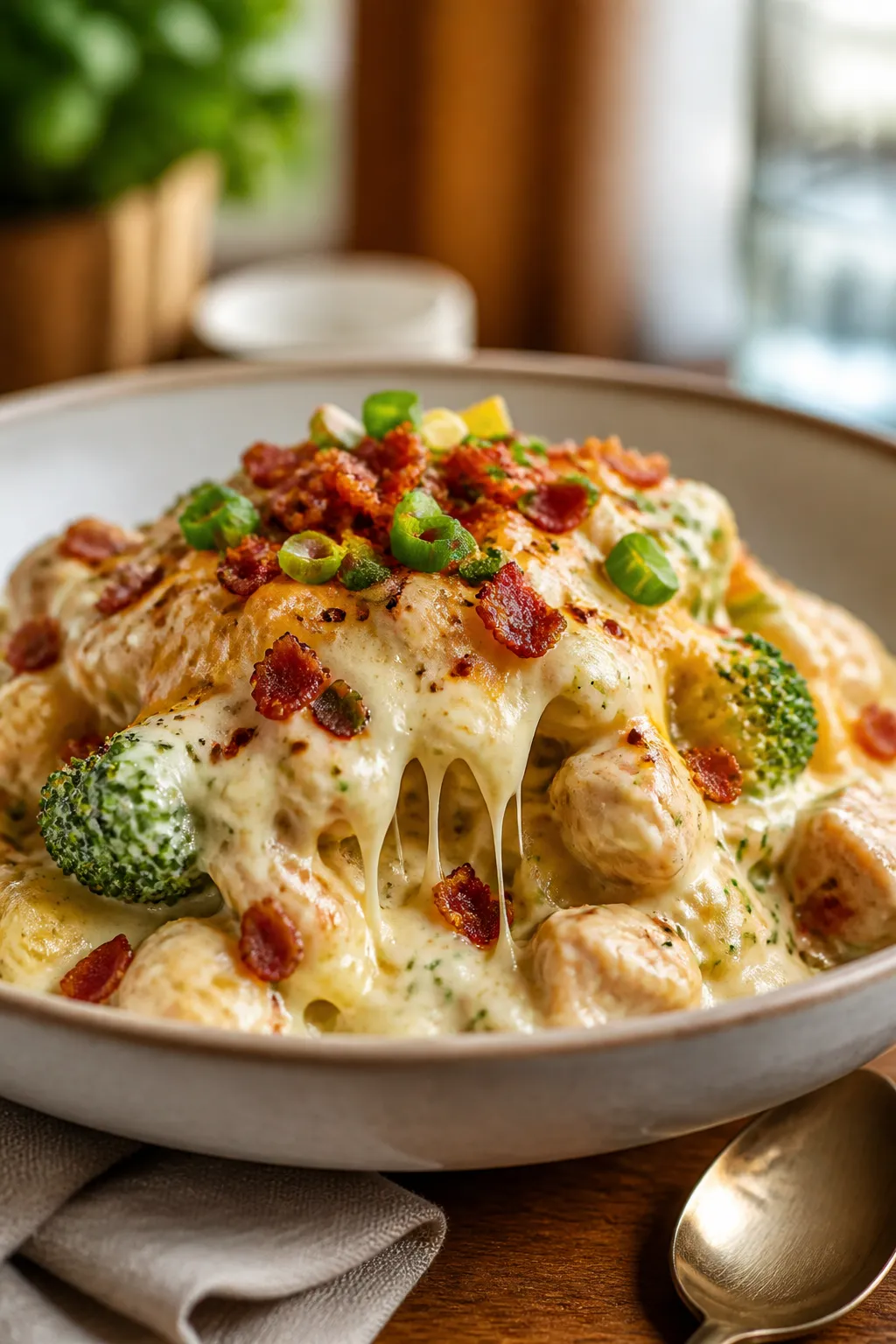 Final plated dish, : Beautifully plated serving of High Protein Chicken Bacon Ranch Casserole on a w