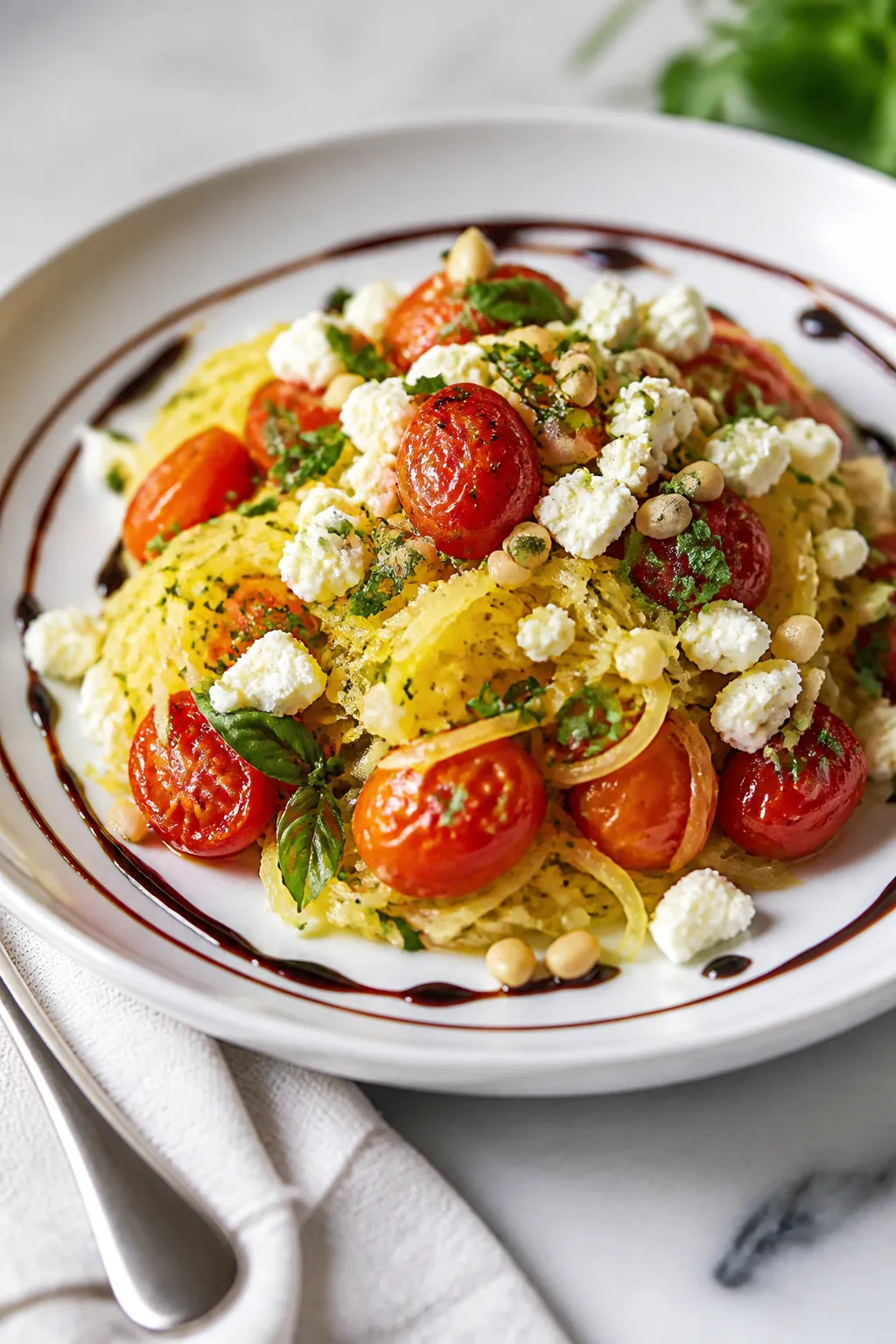 Final plated dish, : Beautifully plated Spaghetti Squash with Tomato and Feta in a wide, shallow whi