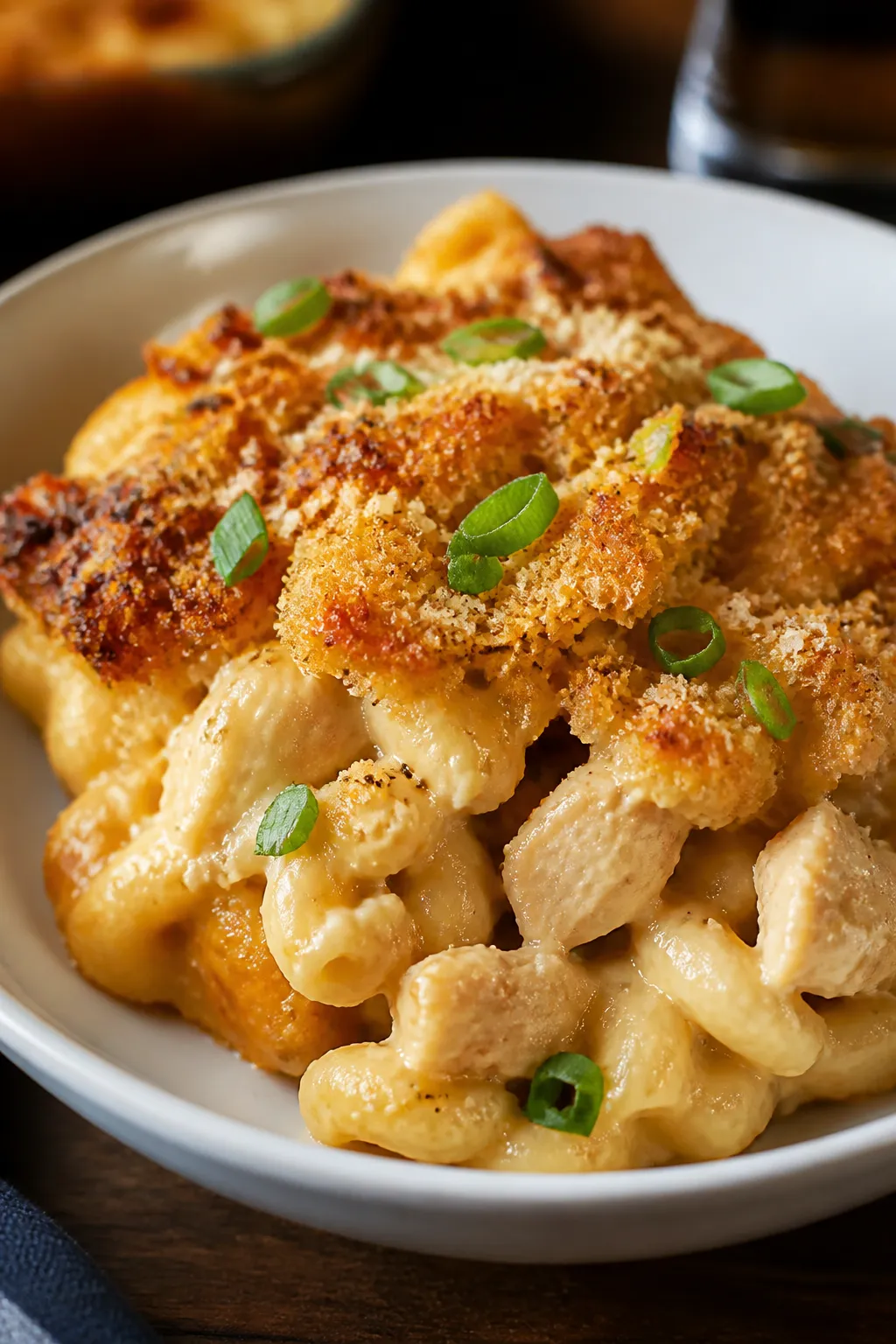 Final plated dish beauty: A bubbling, golden-brown Chicken Mac and Cheese Bake fresh from the oven w