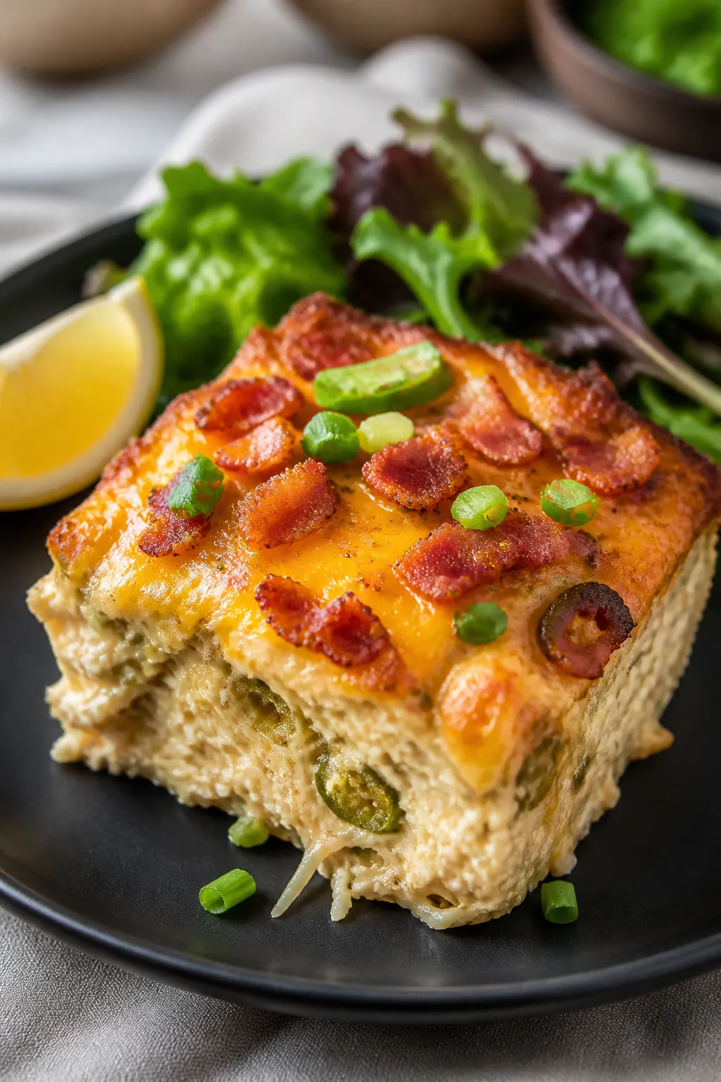 Final plated dish beauty: A generous square of the Chicken Jalapeño Popper Protein Bake plated on a