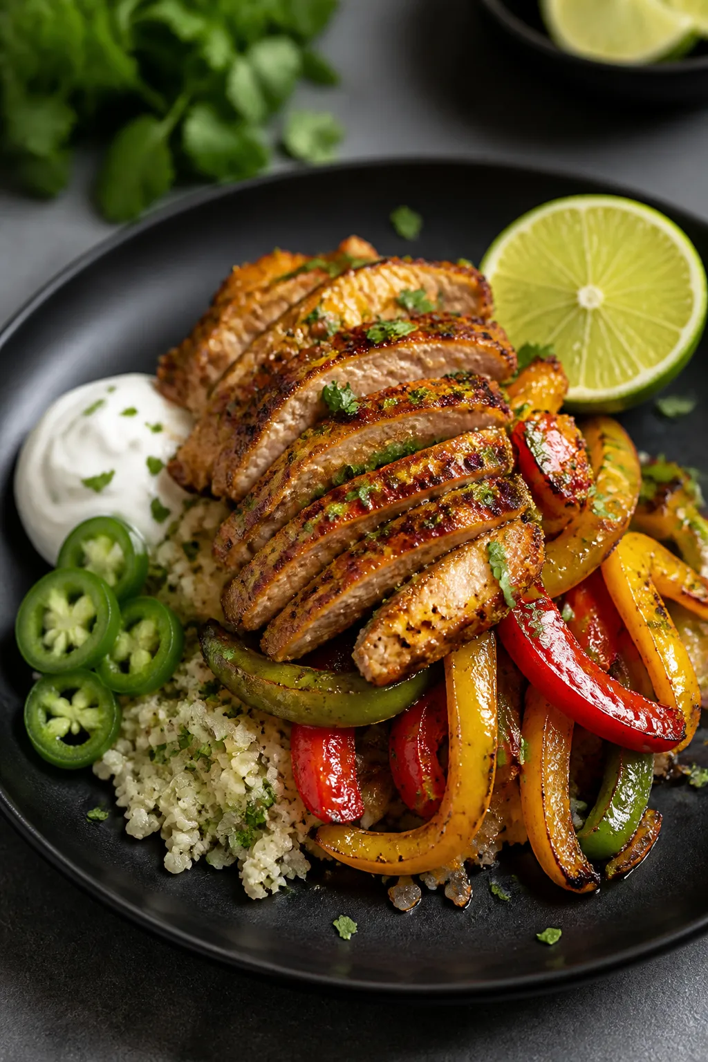 Final plated dish beauty: Restaurant-quality plating of Pork Fajitas over cilantro-lime cauliflower