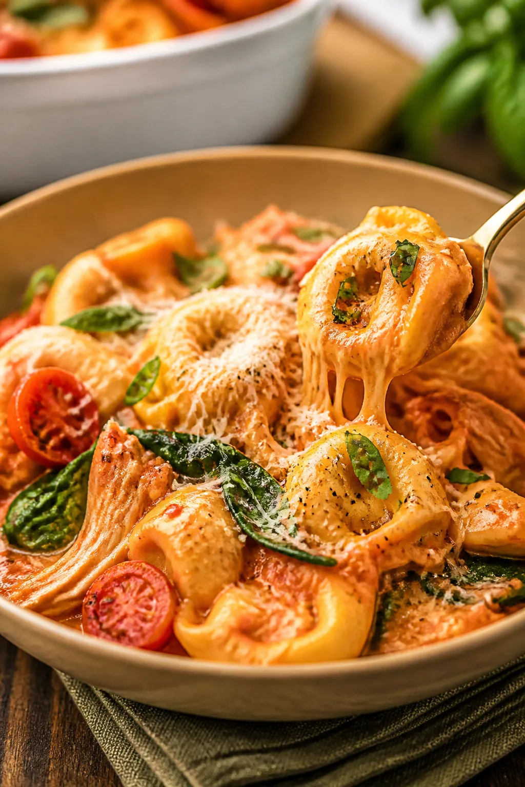 Final plated dish beauty shot: A generous serving of the tortellini bake plated in a shallow, warm-t