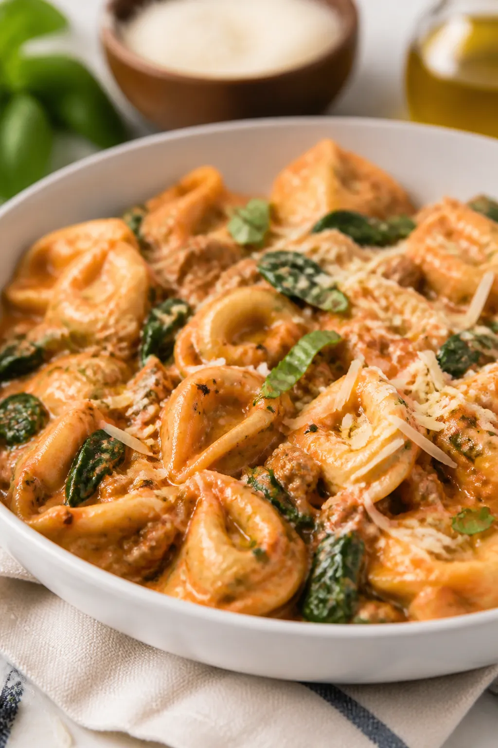 Final plated dish beauty shot: High Protein Turkey Tortellini Skillet served in a shallow white bowl