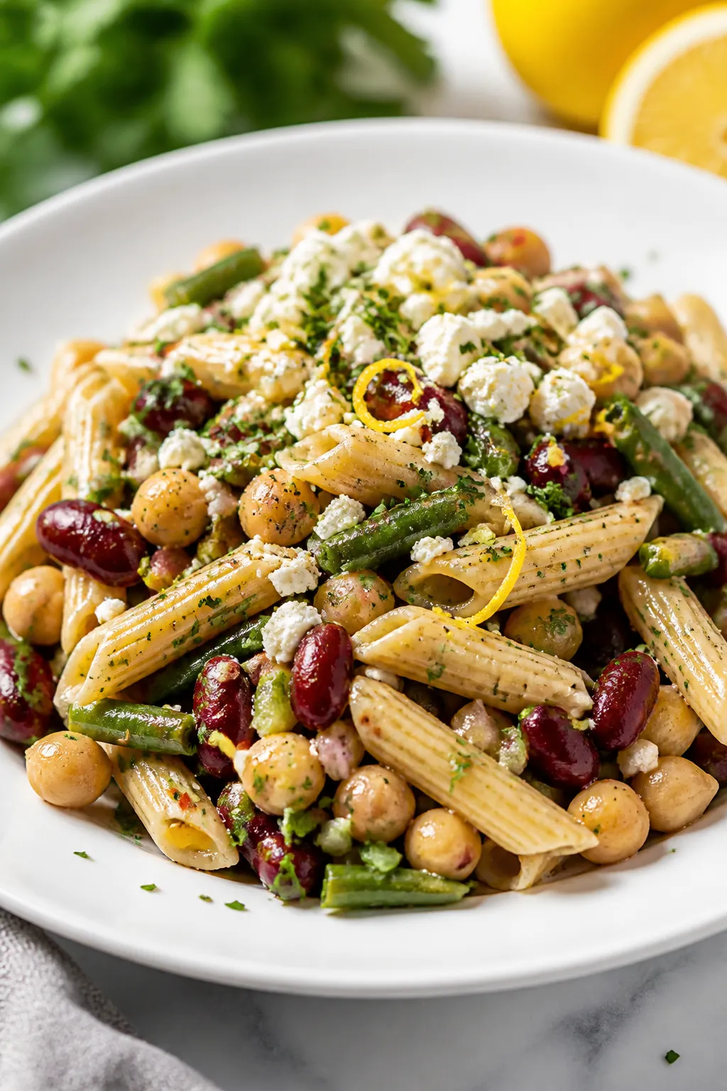 Final plated dish, beauty shot: Restaurant-quality presentation of the finished Three Bean Protein P