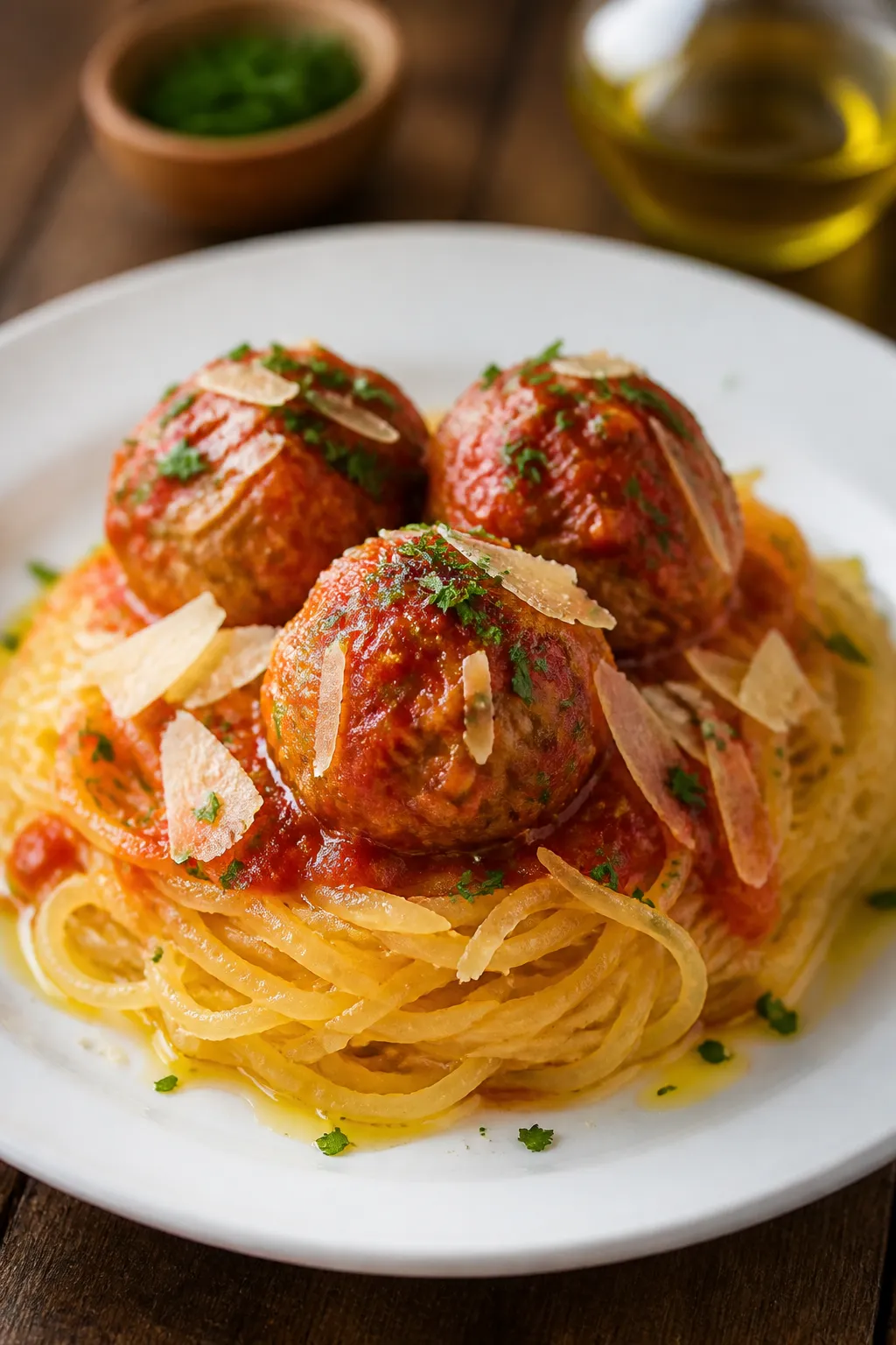 Final plated dish, : Elegant plate of High Protein Chicken Meatball Spaghetti Squash twirled into a