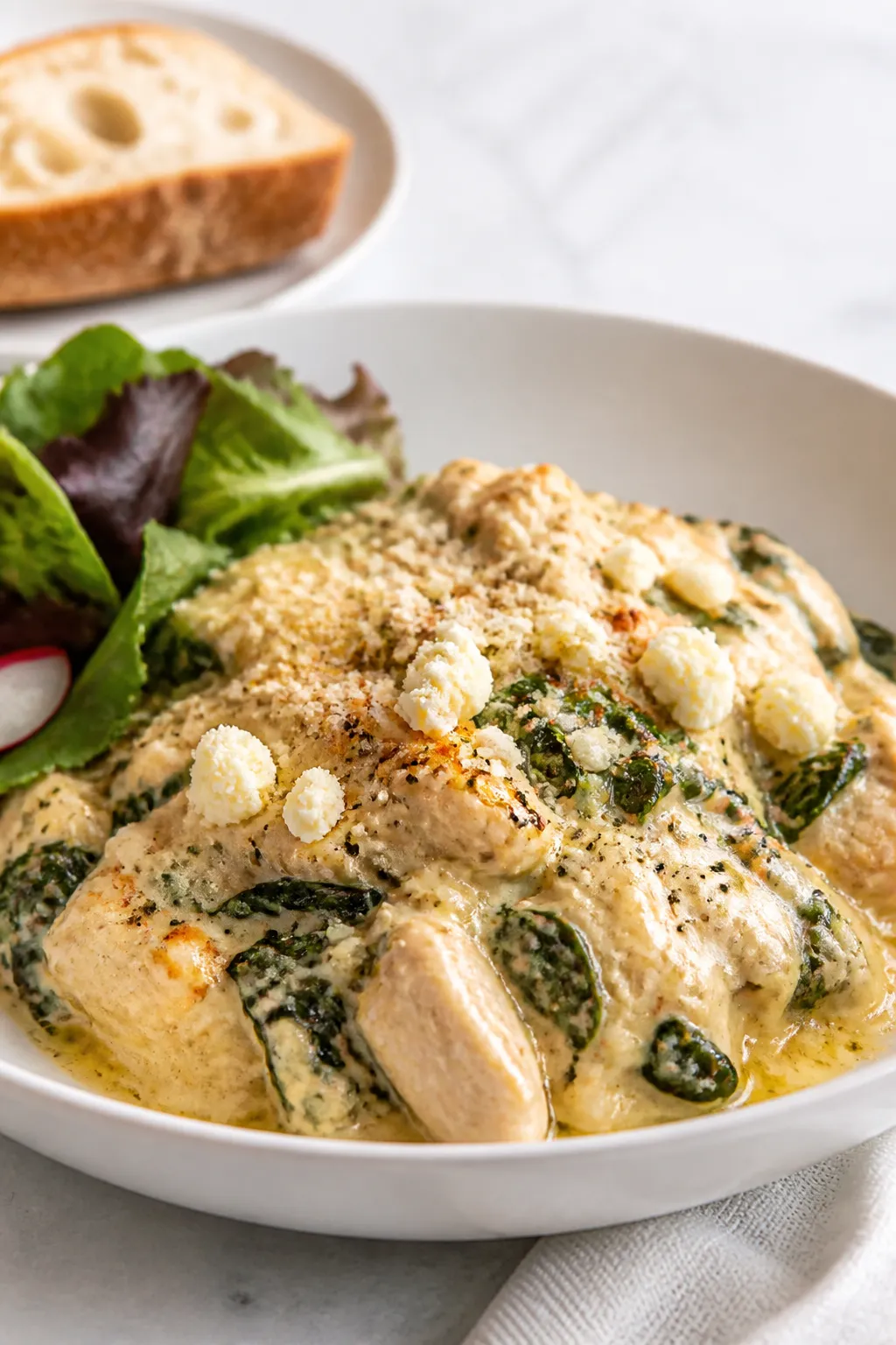 Final plated dish, restaurant-quality: A generous serving of Chicken Feta Spinach Casserole spooned