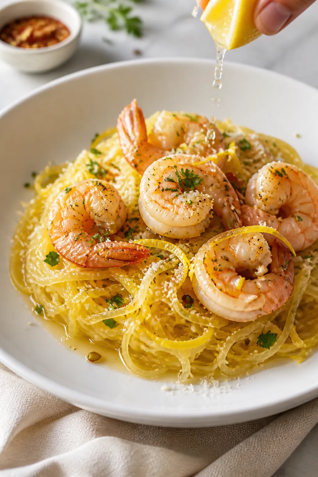 Final plated dish, restaurant-quality: Beautifully plated Low Carb Spaghetti Squash Shrimp Scampi tw