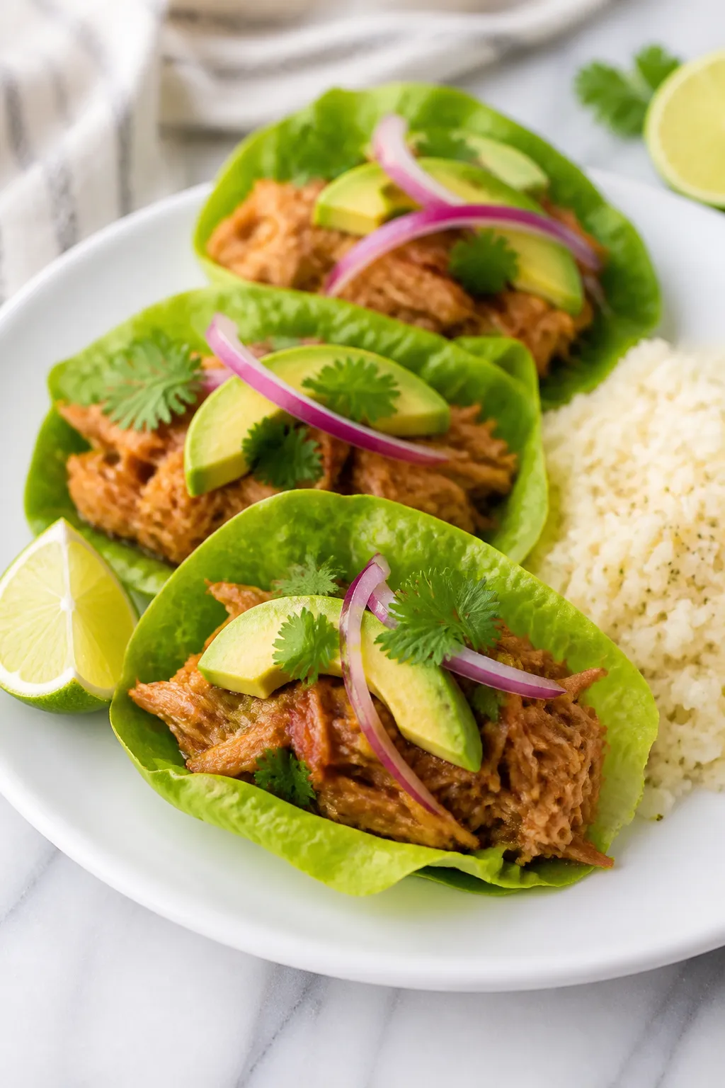 Final plated dish: Restaurant-quality lettuce wrap spread with a generous mound of pulled pork tosse
