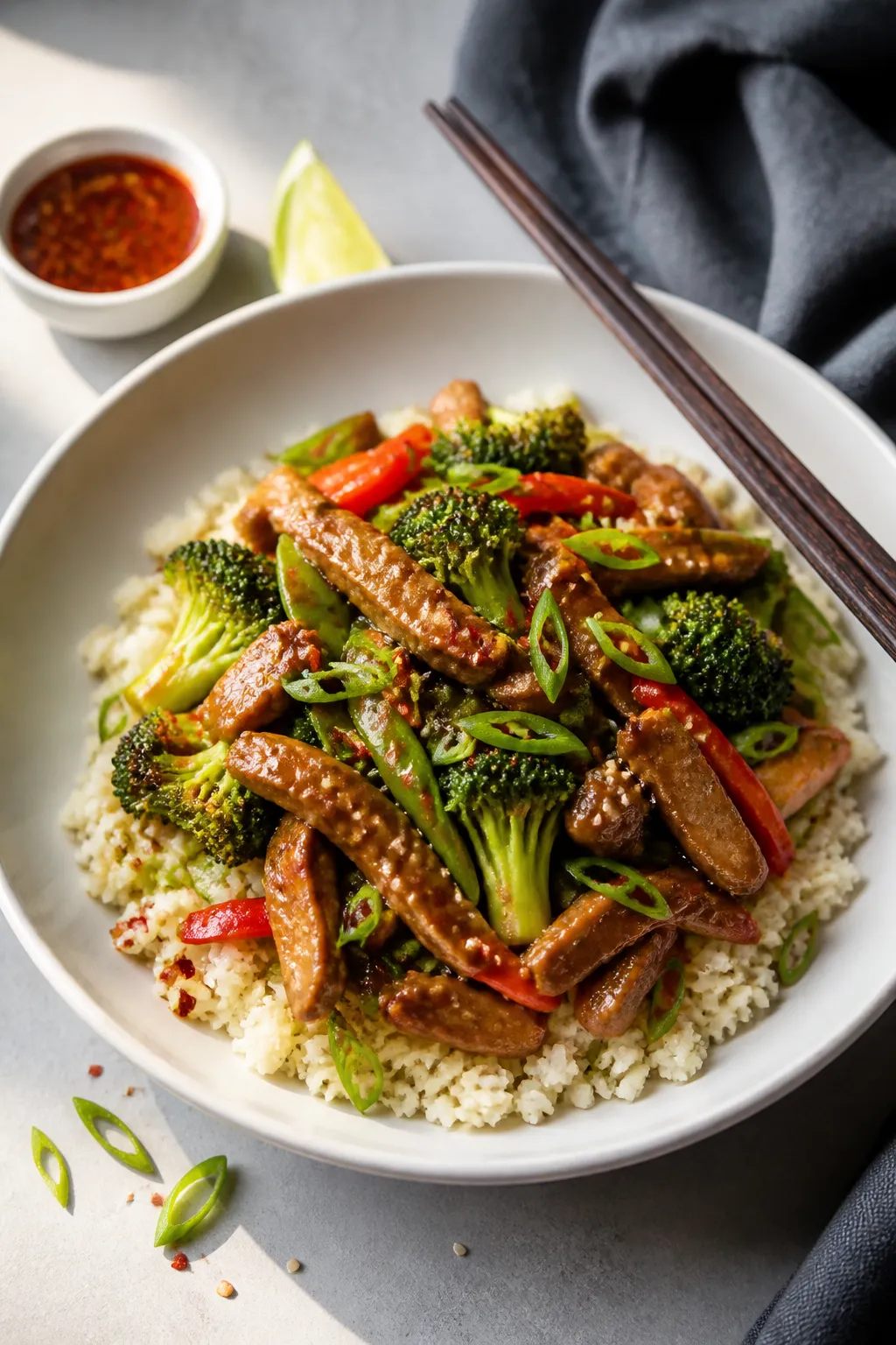 Final plated dish, restaurant-quality: Low Carb Pork Stir Fry mounded over fluffy cauliflower rice i