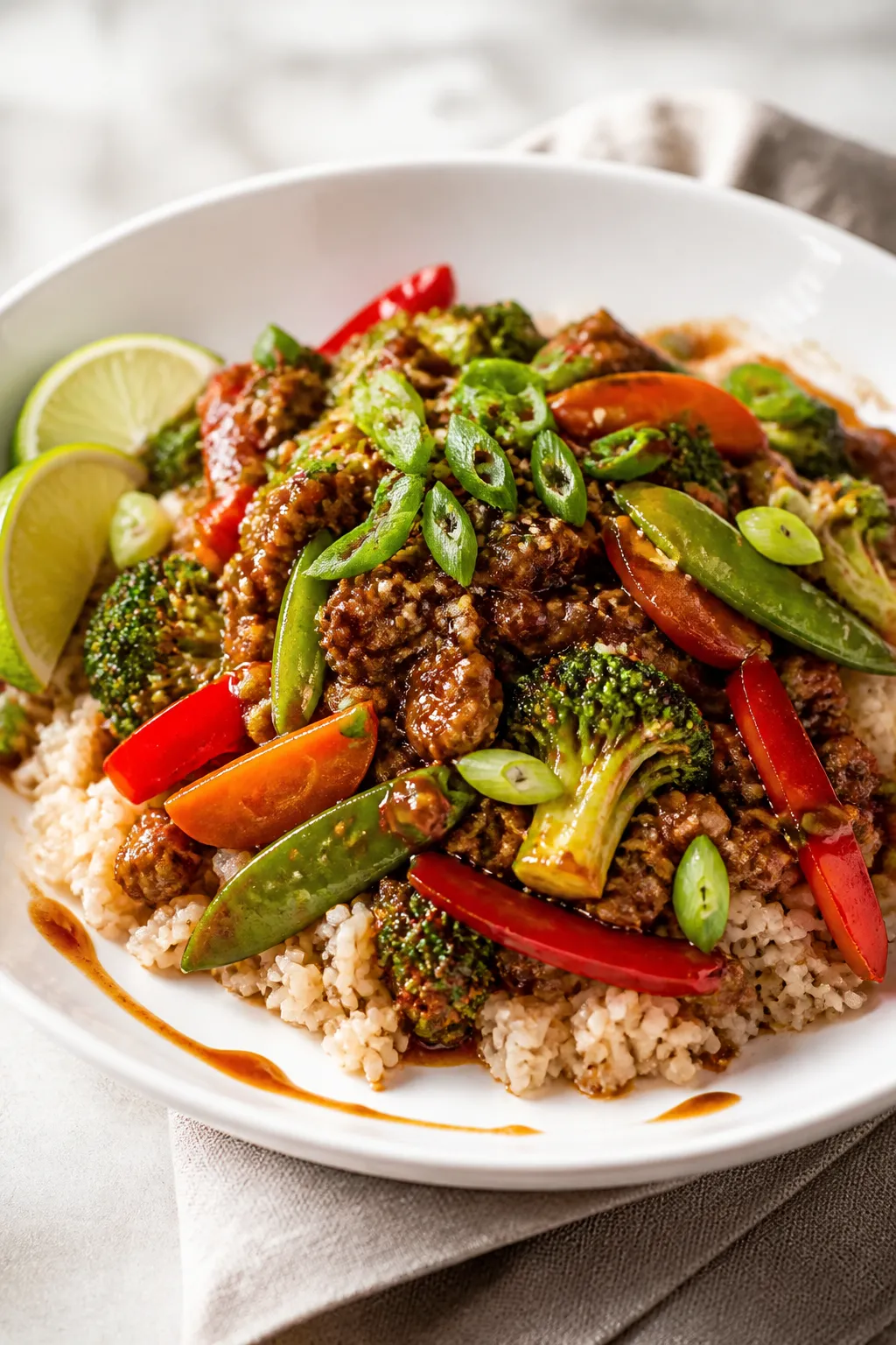 Final plated dish, restaurant-quality presentation: Healthy Ground Beef Stir Fry mounded over fluffy