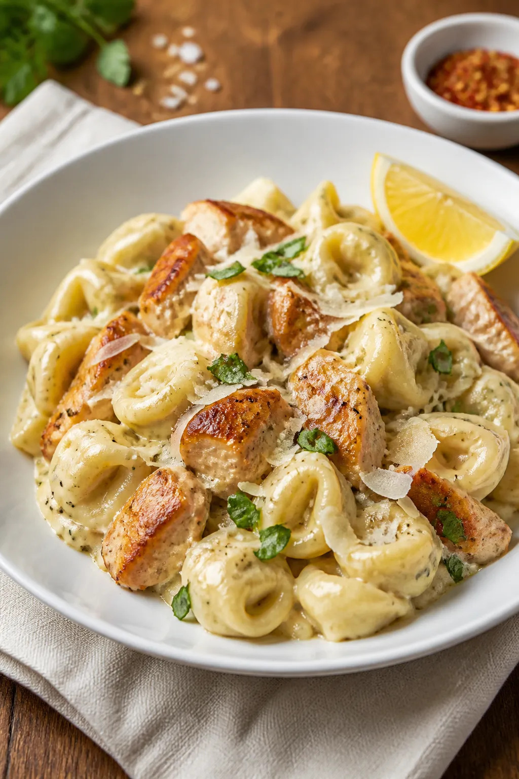 Final plated dish: Restaurant-quality presentation of Chicken Tortellini in creamy garlic-Parmesan s