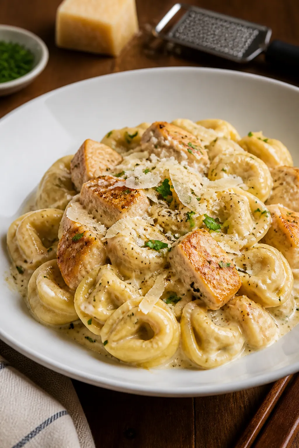 Final plated dish: Restaurant-quality presentation of High Protein Chicken Alfredo Tortellini twirle