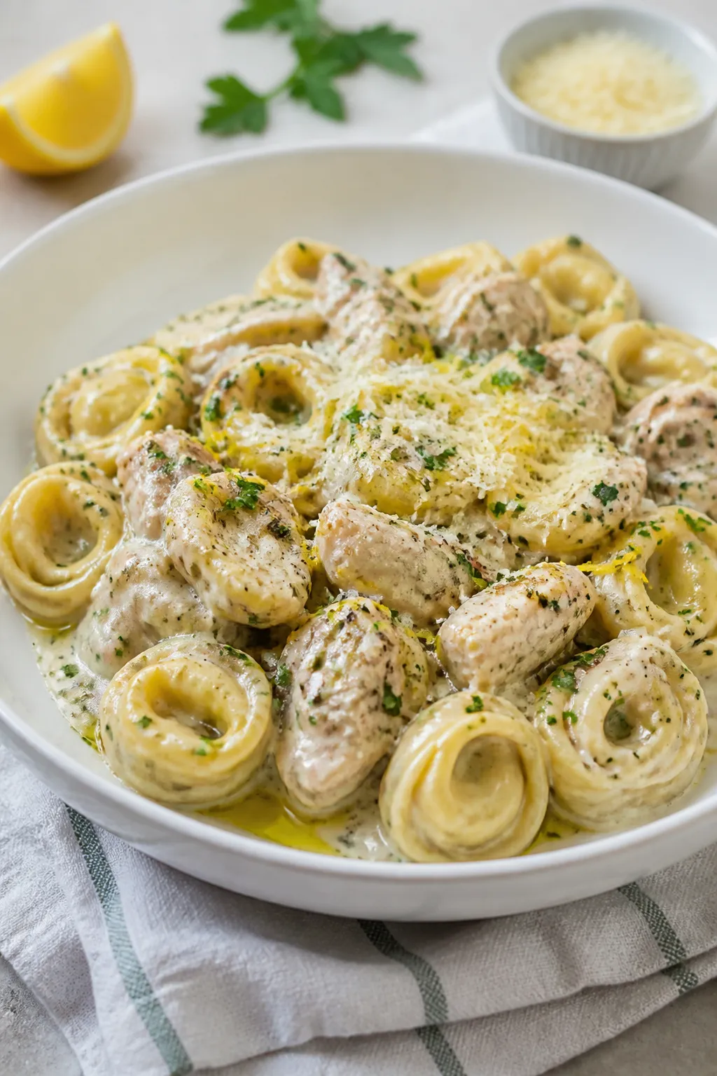 Final plated dish, restaurant-quality presentation: Beautifully plated Garlic Herb Turkey Tortellini