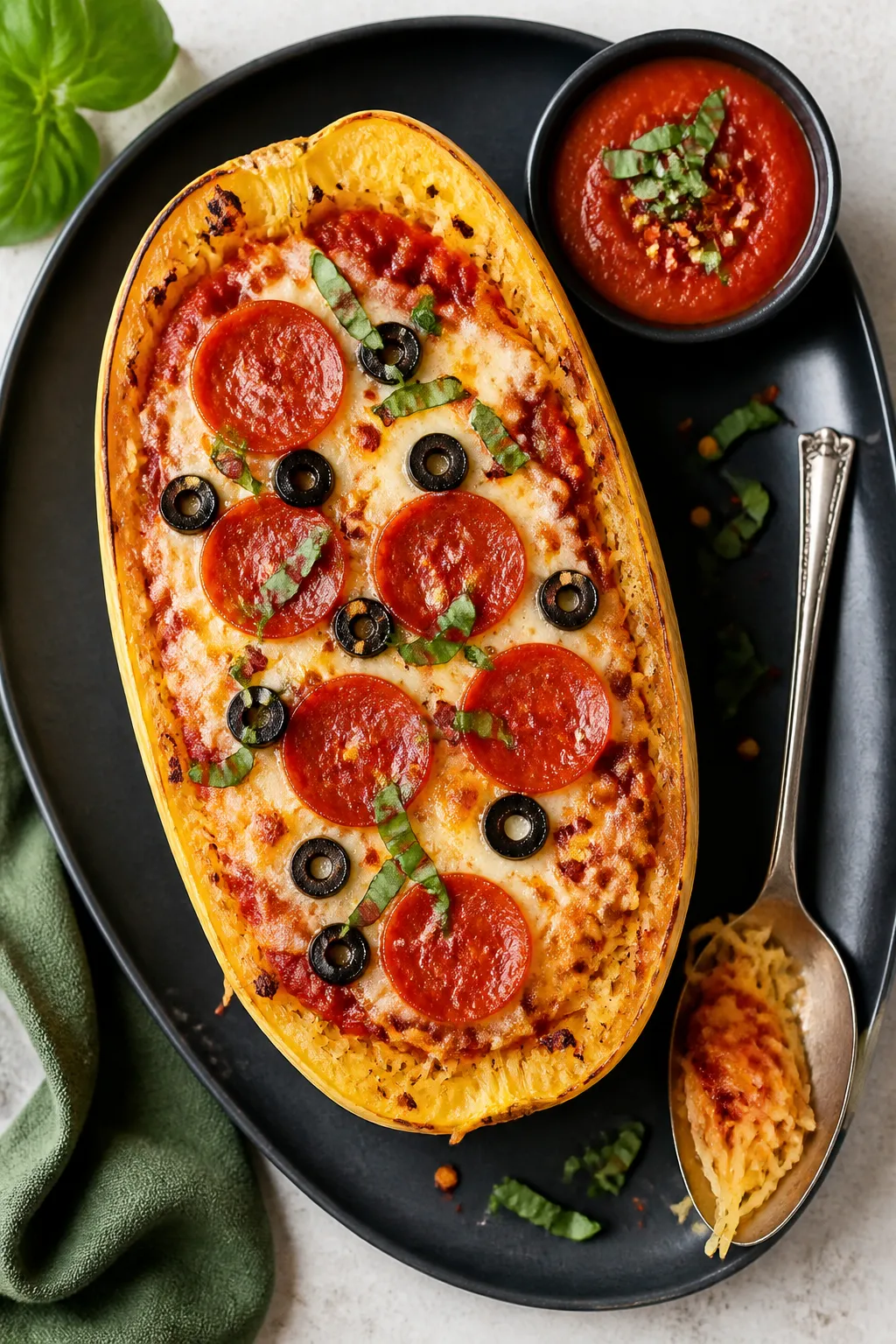 Final plated dish: Restaurant-quality presentation of one pizza spaghetti squash boat on a dark matt