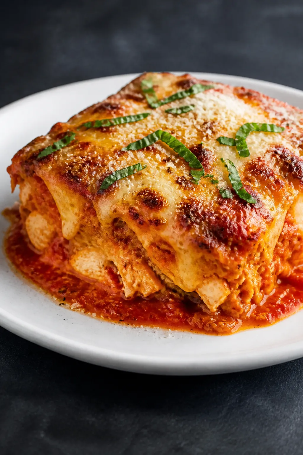 Final plated dish: Restaurant-quality presentation of a generous square of Chicken Parm Spaghetti Sq