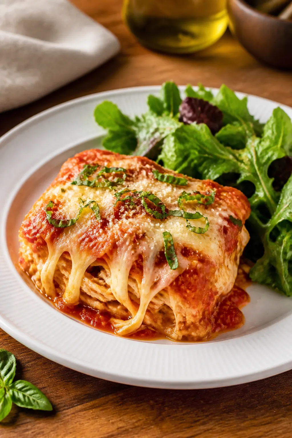 Final plated dish: Restaurant-quality presentation of a neatly scooped square of Chicken Mozzarella 