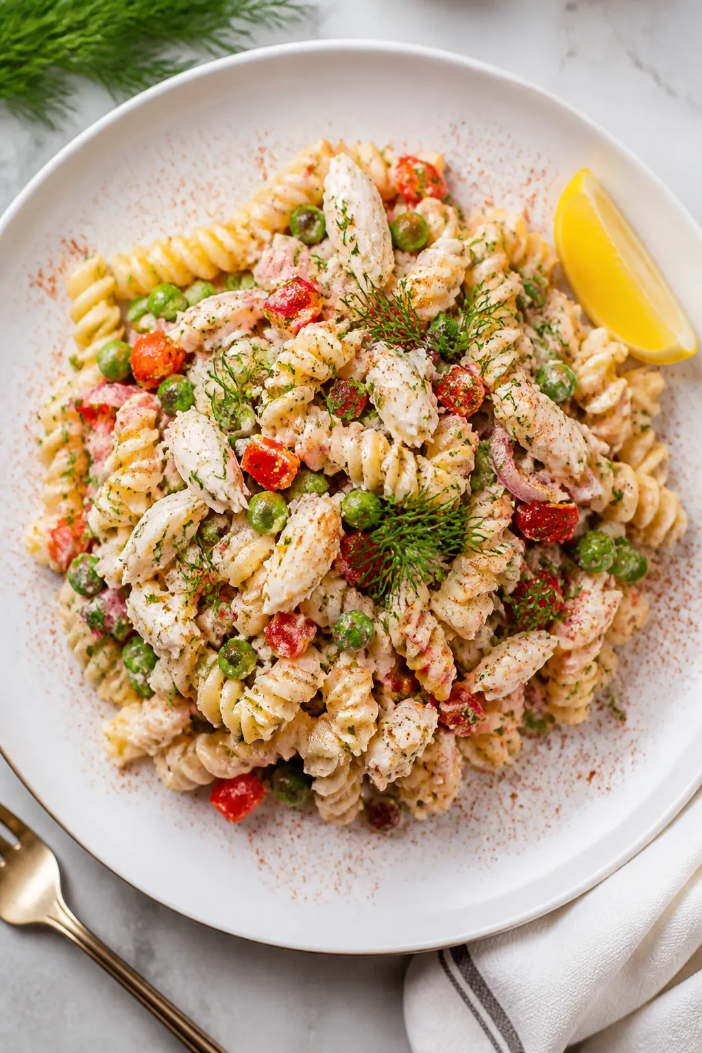 Final plated dish: Restaurant-quality presentation of the High Protein Crab Pasta Salad mounded on a