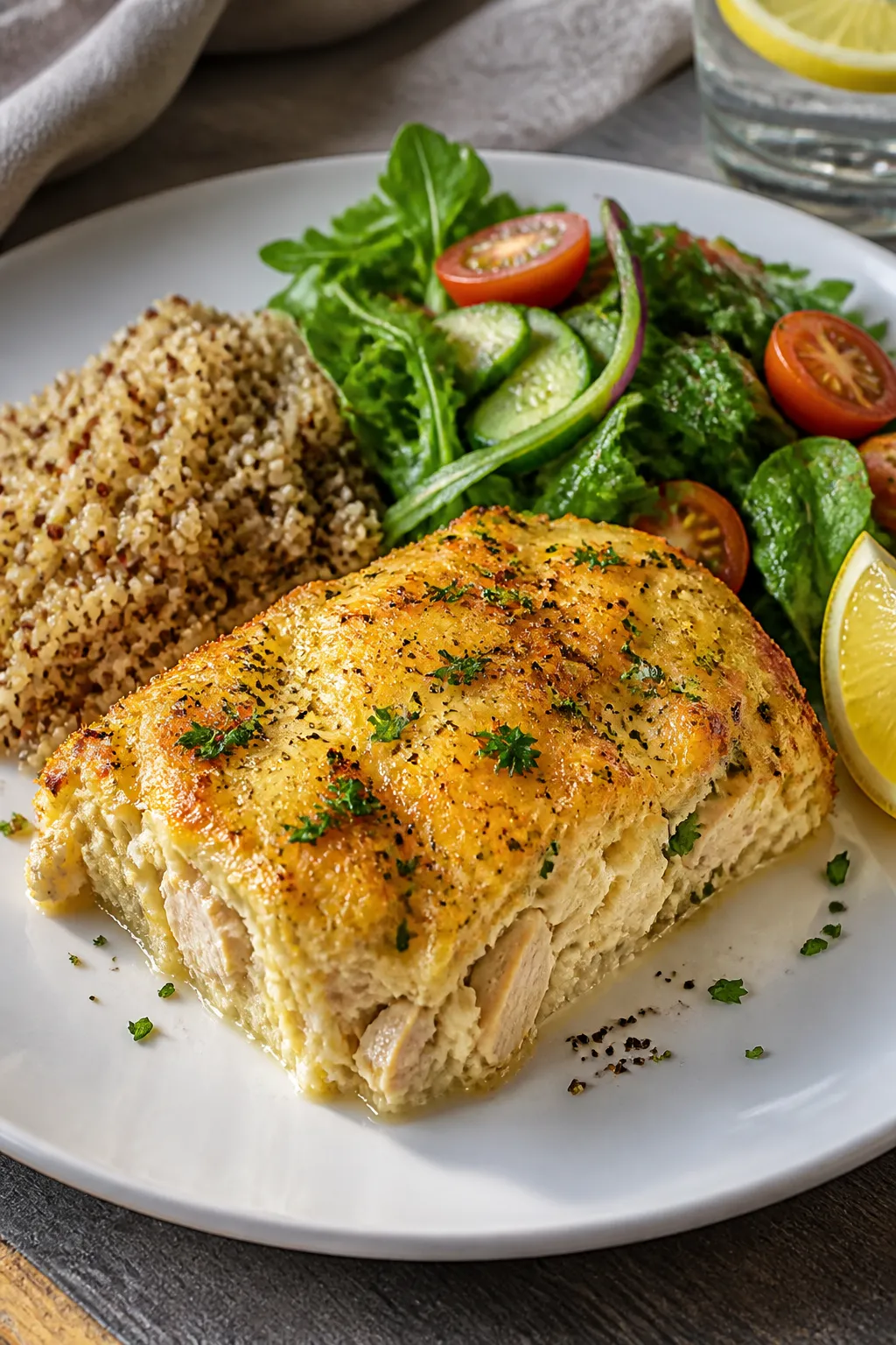 Final plated dish: Restaurant-quality presentation of a generous square of the baked casserole on a 
