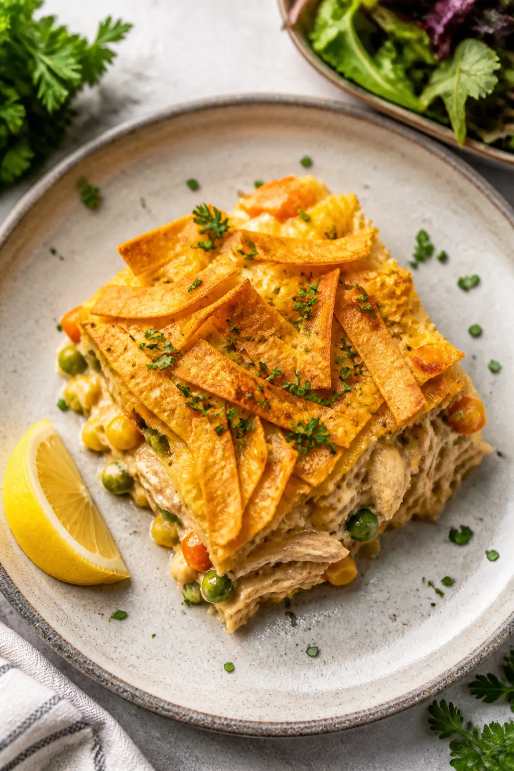 Final plated dish: Restaurant-quality presentation of a hearty square of High Protein Chicken Pot Pi