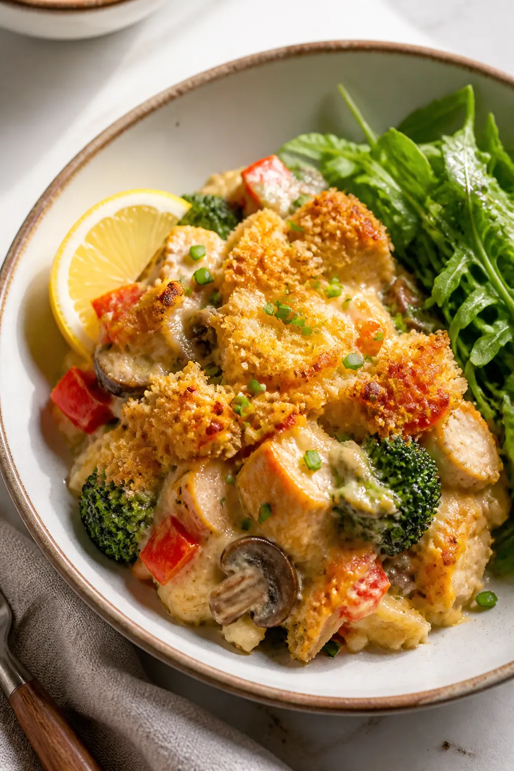 Final plated dish: Restaurant-quality presentation of a hearty scoop of loaded chicken and veggie ca