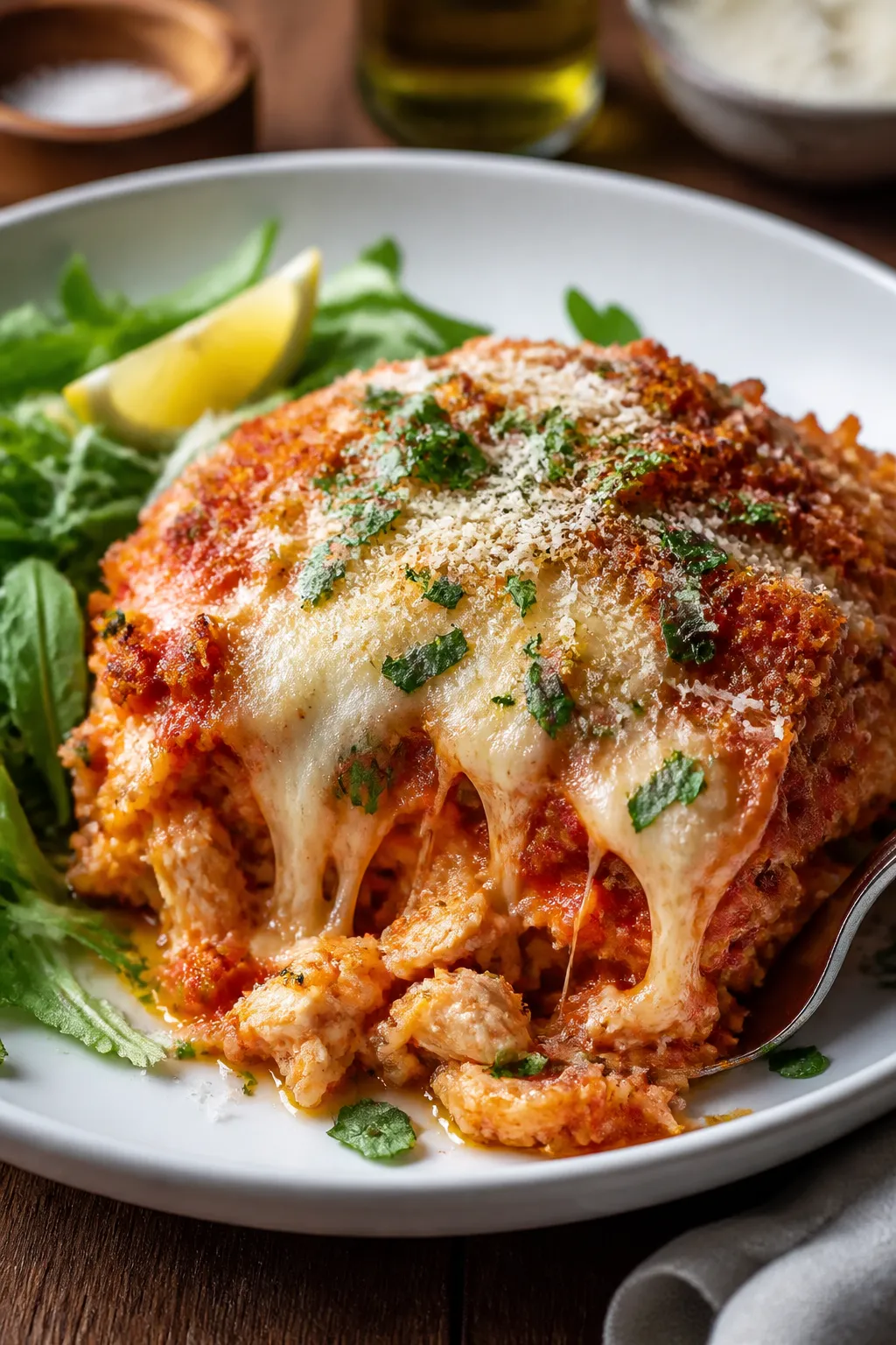 Final plated dish: Restaurant-quality presentation of a generous scoop of Chicken Parmesan Rice Cass