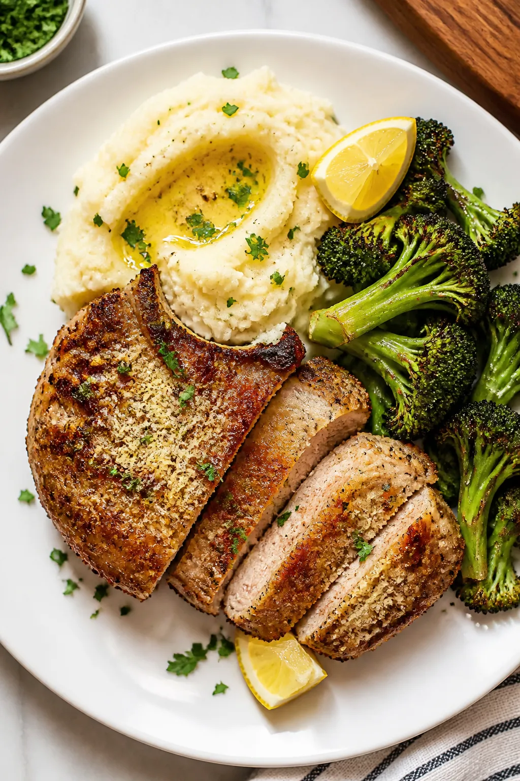 Final plated dish: Restaurant-quality presentation of Garlic Parmesan Pork Chops on a wide white pla