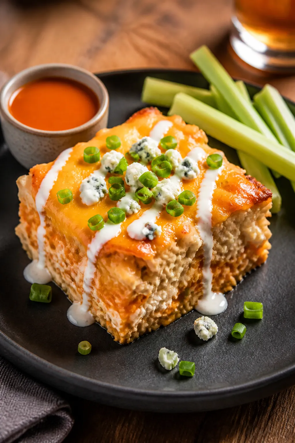 Final plated dish â Restaurant-quality single serving: a neat square of buffalo chicken casserole