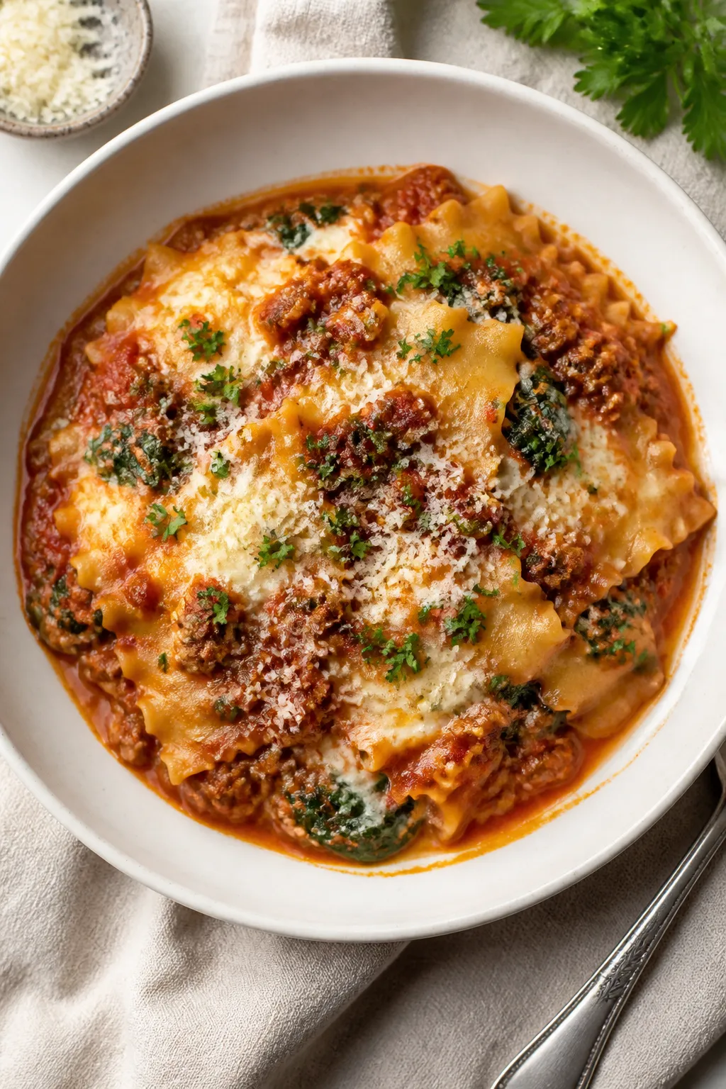 Final plated dish, top view: Tasty of a generous scoop of High Protein Hamburger Lasagna Skillet pla