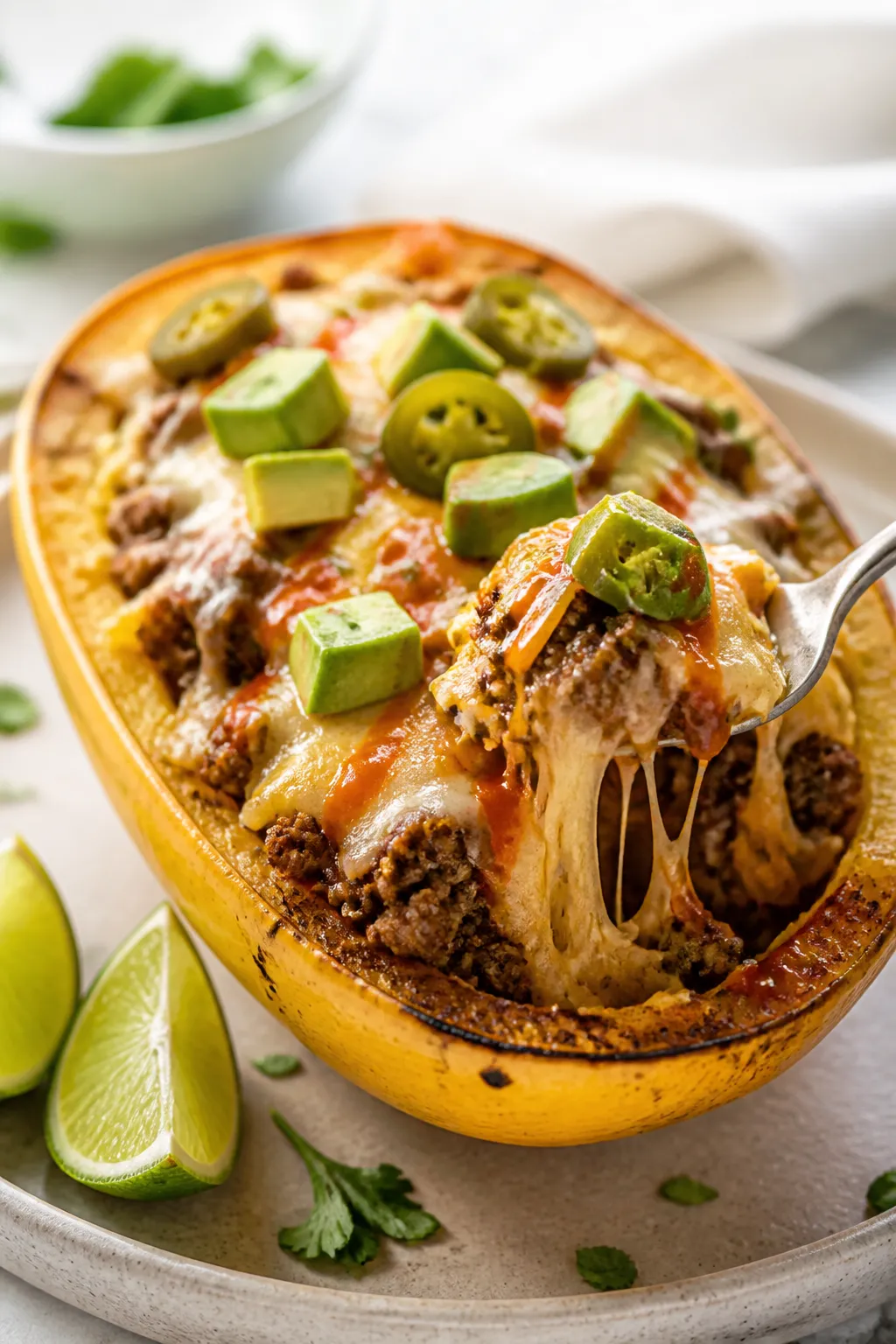 Final plated hero: Beautifully plated High Protein Taco Stuffed Spaghetti Squash boat on a neutral c