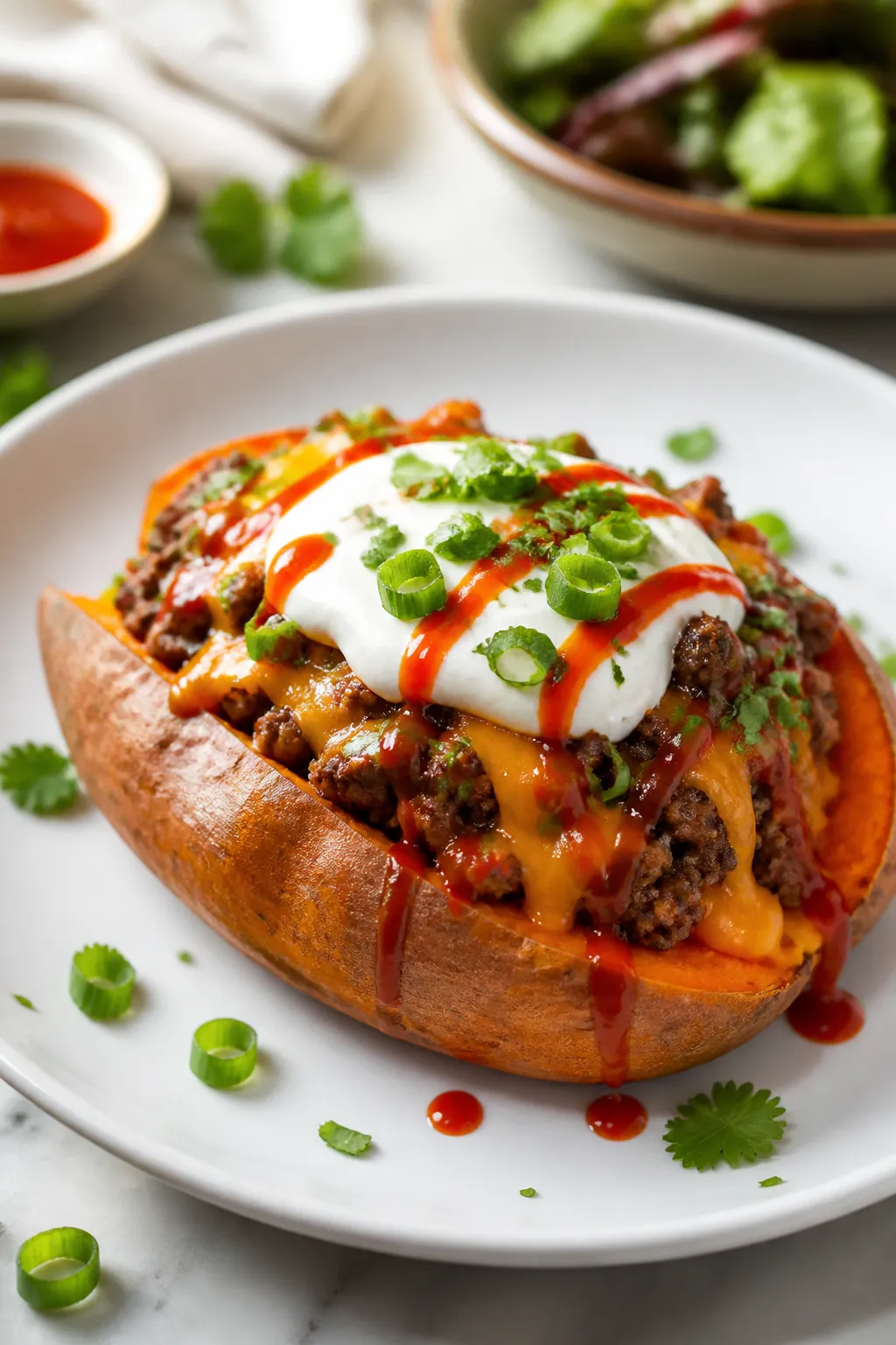 Final plated hero: Beautifully plated High Protein Hamburger Stuffed Sweet Potato on a white ceramic