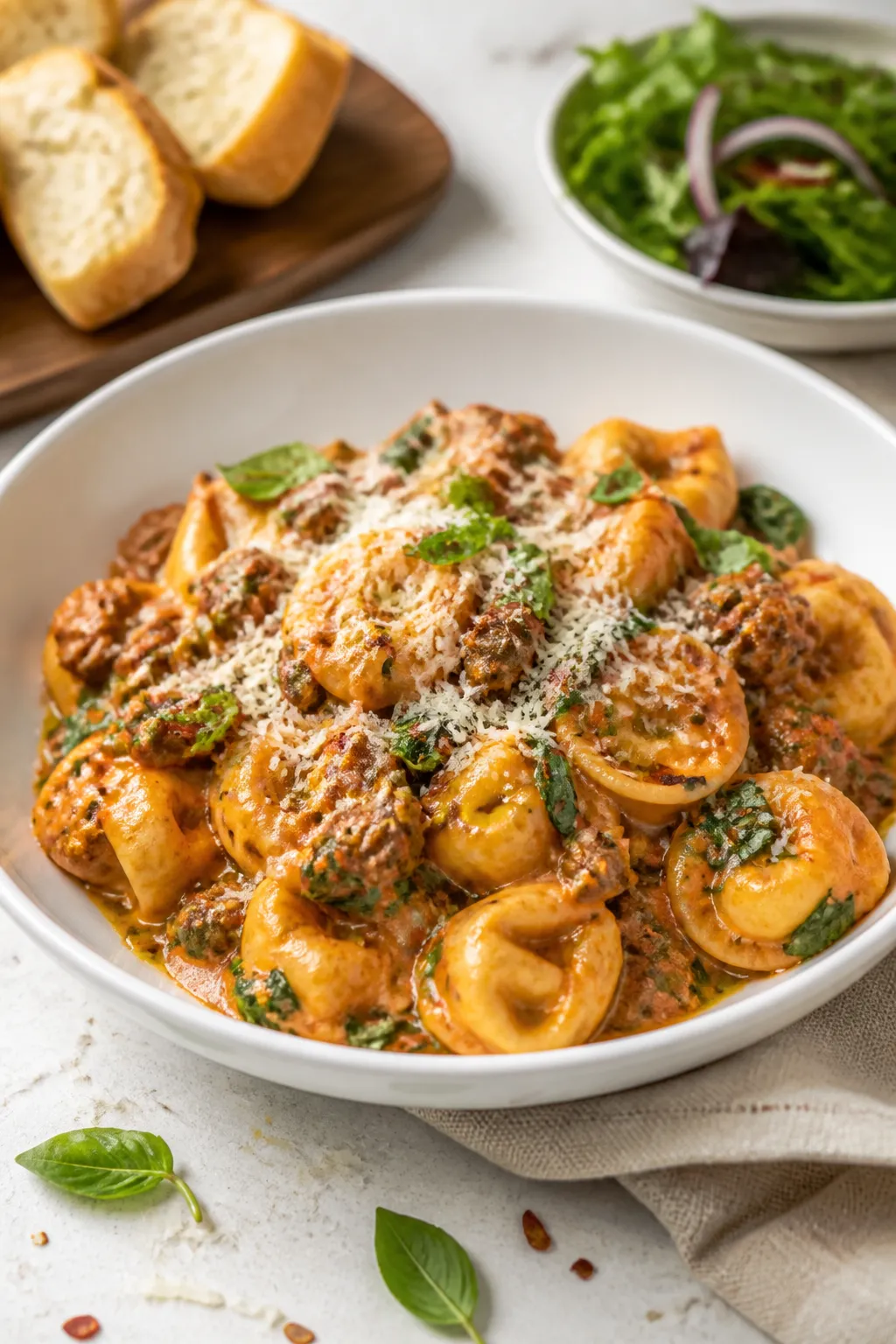 Final plated hero: Beautifully plated High Protein Italian Beef Tortellini in a wide, shallow white