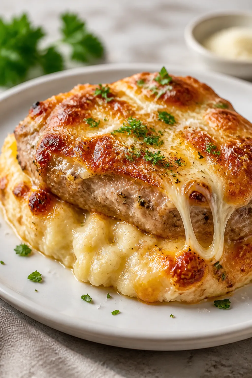 Final plated hero: Beautifully plated Keto Pork Chop Casserole slice on a matte white plate—juicy