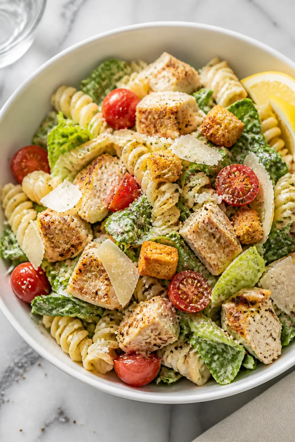 Final plated hero dish: Beautifully plated Chicken Caesar Pasta Salad in a wide white bowl—spirals