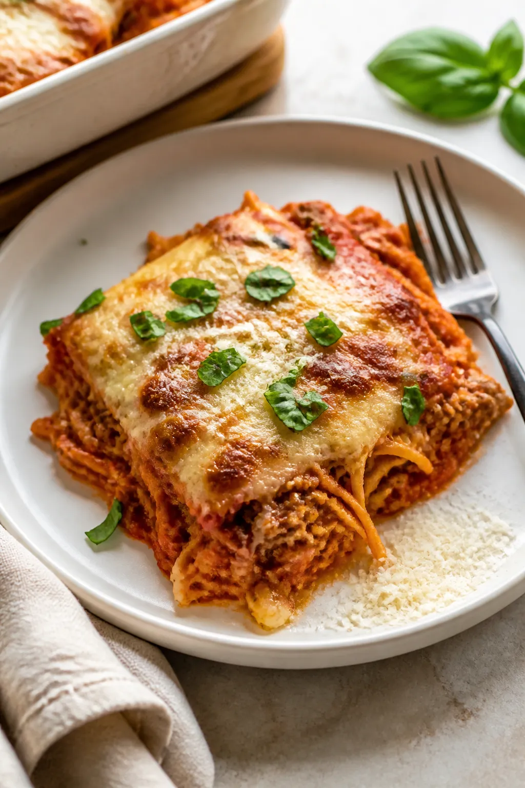 Final plated hero: Golden, bubbly Ground Turkey Marinara Spaghetti Squash Bake just out of the oven,