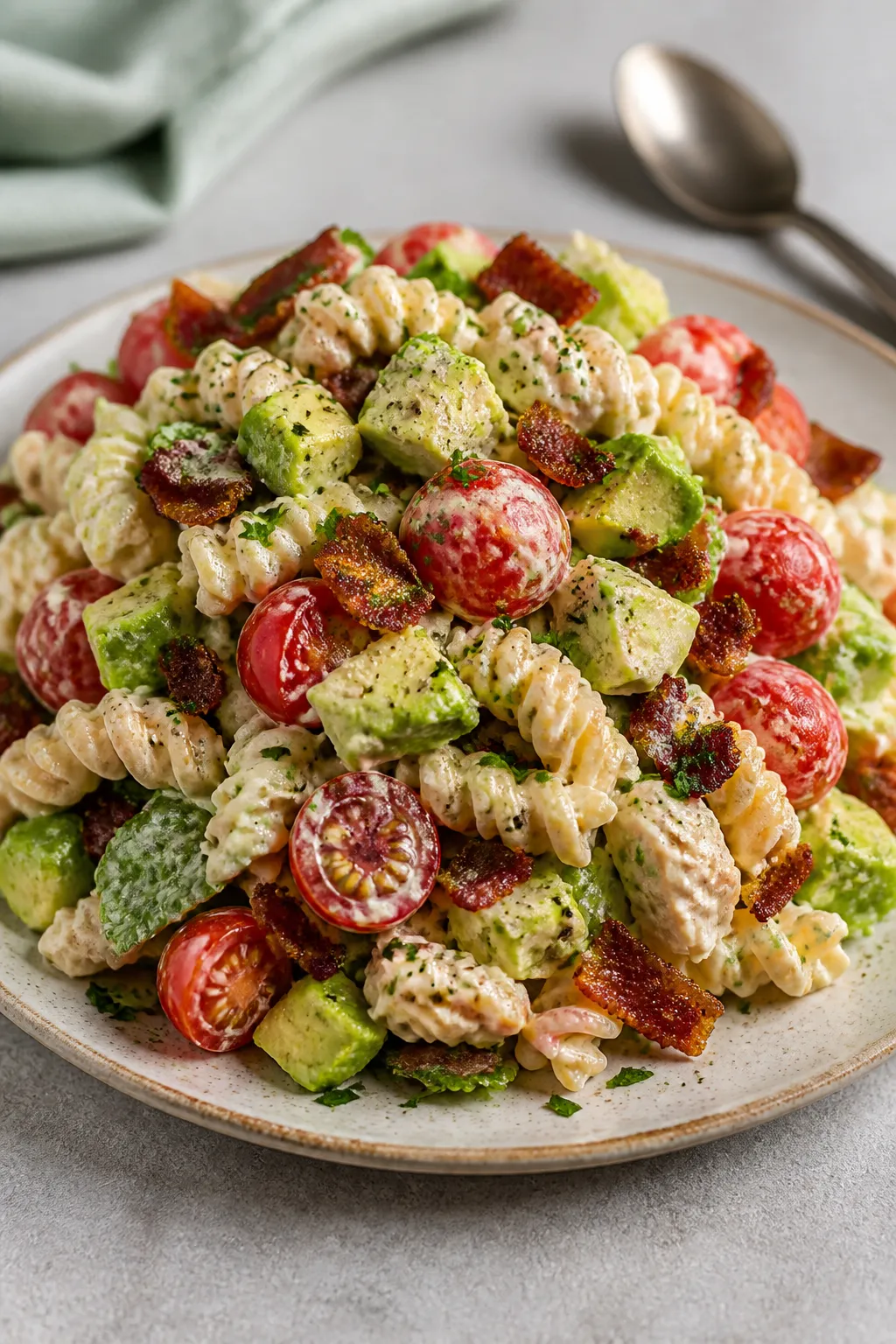 Final plated hero: Restaurant-quality presentation of a generous mound of BLT Chicken Pasta Salad on